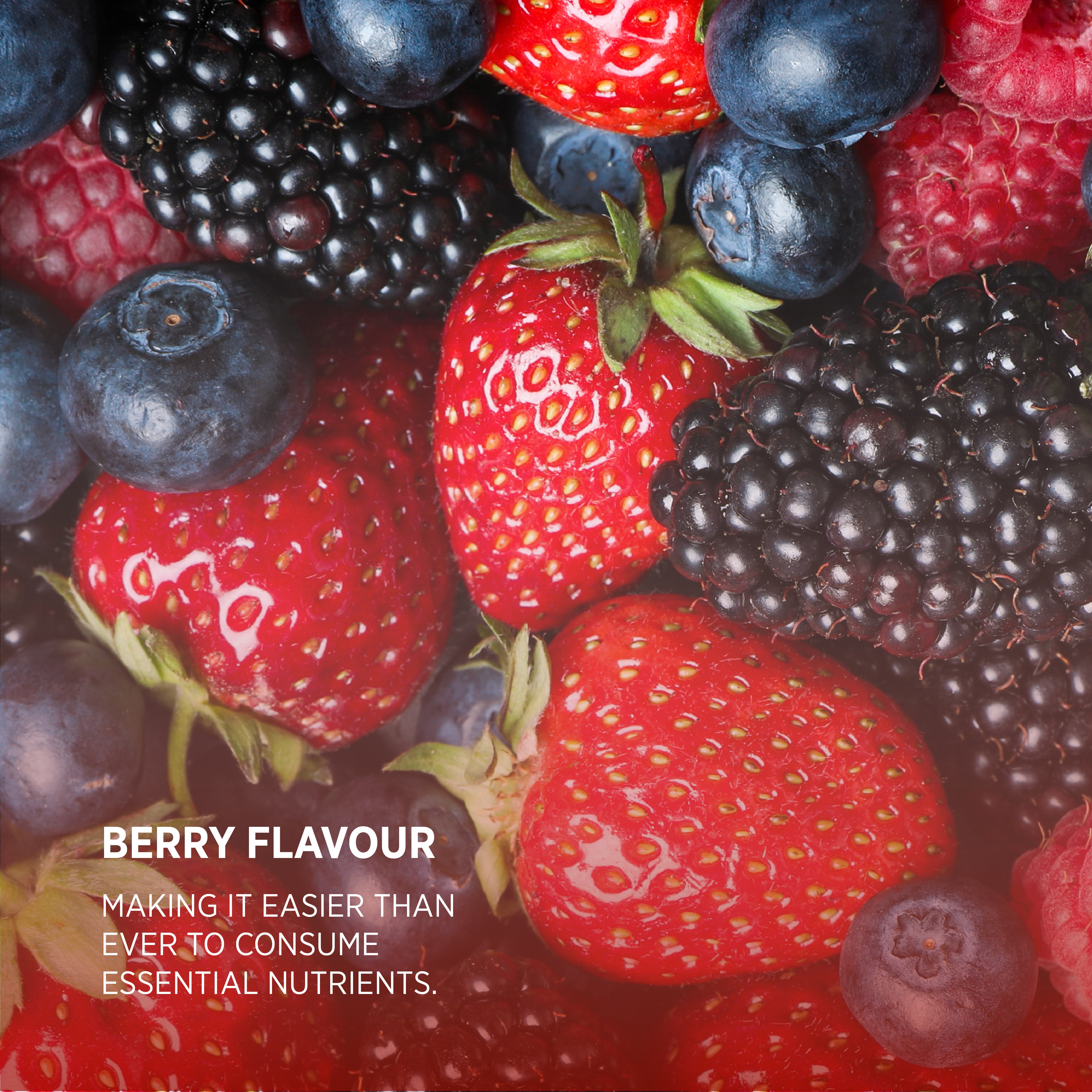 Close-up of fresh strawberries, blueberries, raspberries, and blackberries. Text: 'BERRY FLAVOUR MAKING IT EASIER THAN EVER TO CONSUME ESSENTIAL NUTRIENTS.'