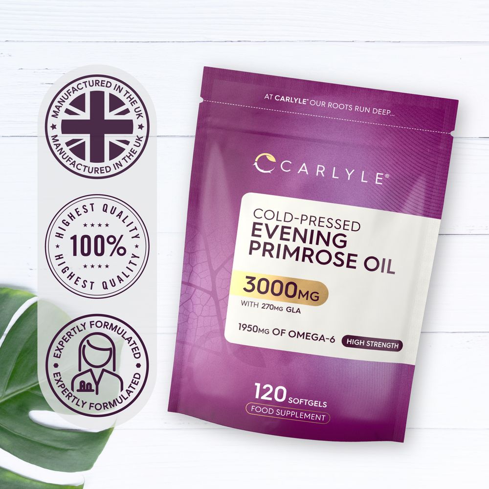 Hand holding bottle of cold-pressed Evening Primrose Oil, 3000mg, with 120 softgels for health benefits.