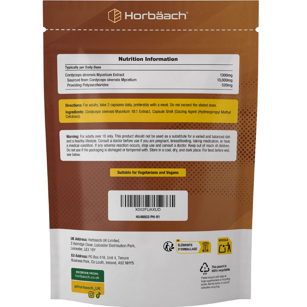 Hand holding capsules providing 1300mg of Cordyceps sinensis Mycelium Extract, as shown on product packaging.