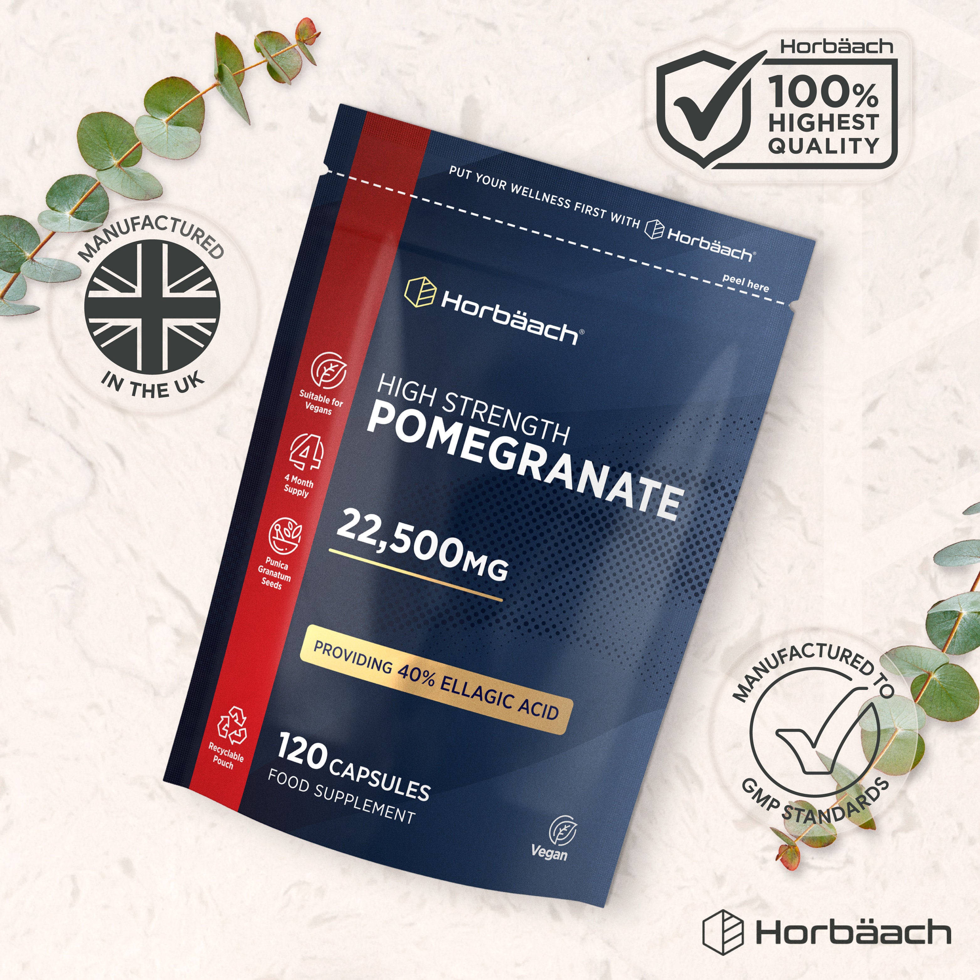 Horbäach High Strength Pomegranate 22,500MG, 120 Capsules Food Supplement. Offers 40% Ellagic Acid, Vegan-Friendly.
