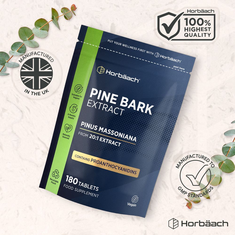 Horbäach Pine Bark Extract, 180 vegan tablets in a pouch with a hand scale for size reference.