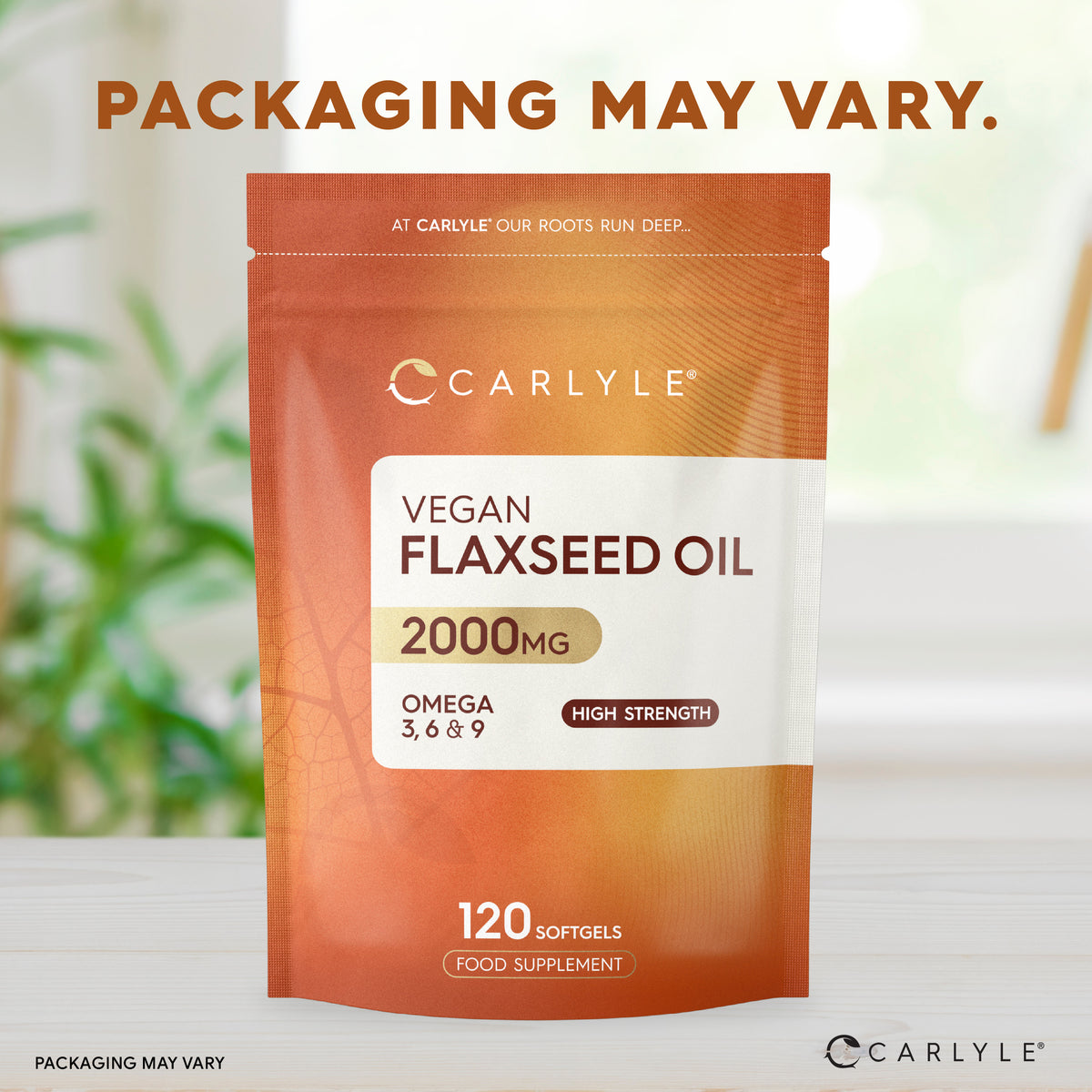 Carlyle Vegan Flaxseed Oil 2000mg, Omega 3, 6 & 9, high strength with 120 softgels as a food supplement.
