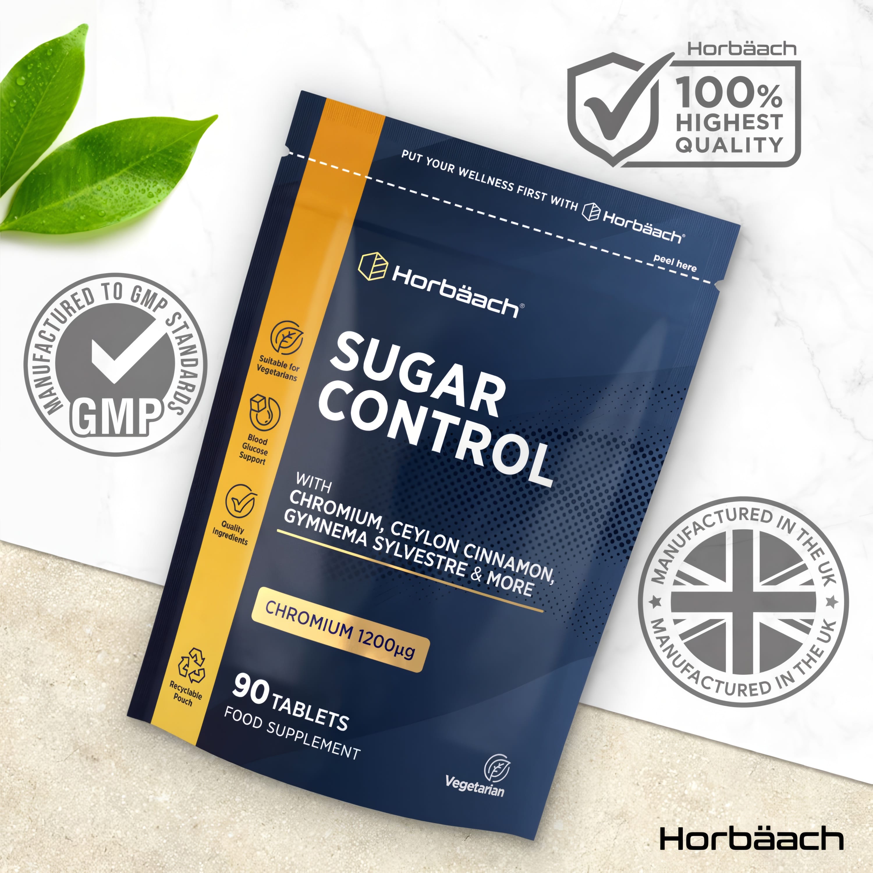 Blood Sugar Support Supplement | 90 Tablets | with Chromium, Ceylon Cinnamon Extract & Gymnema Extract | Suitable for Vegetarians | by Horbaach