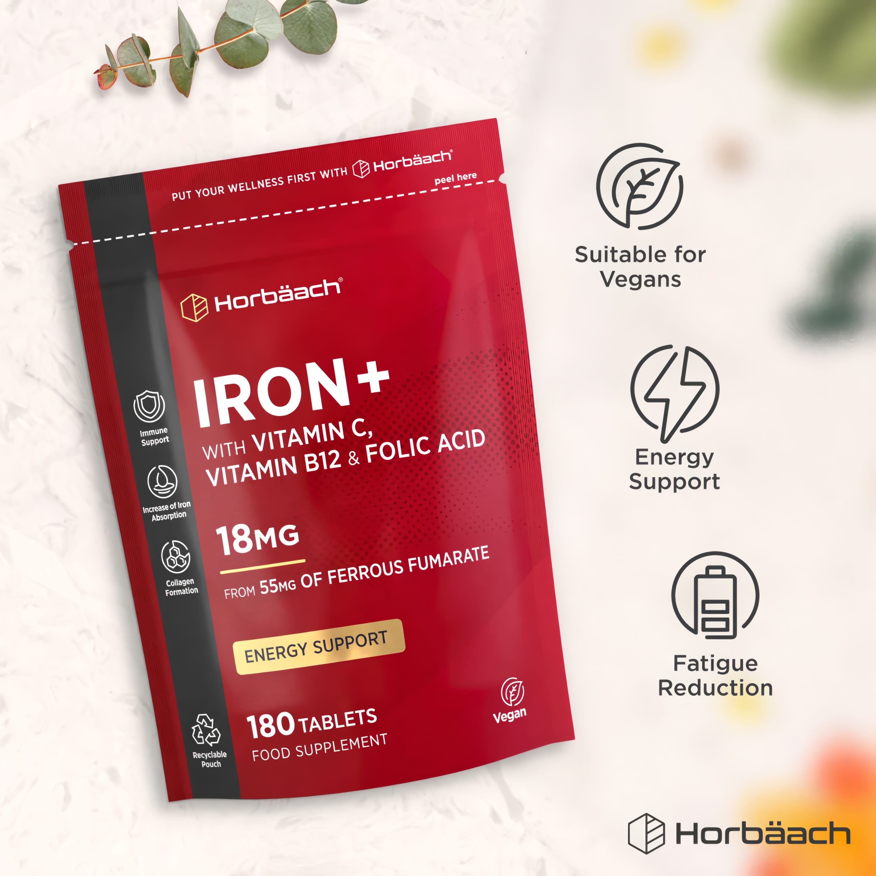 Horbäach Iron+ with Vitamin C, B12, Folic Acid; 18mg Iron (55mg Ferrous Fumarate), Energy Support, 180 Vegan Tablets.