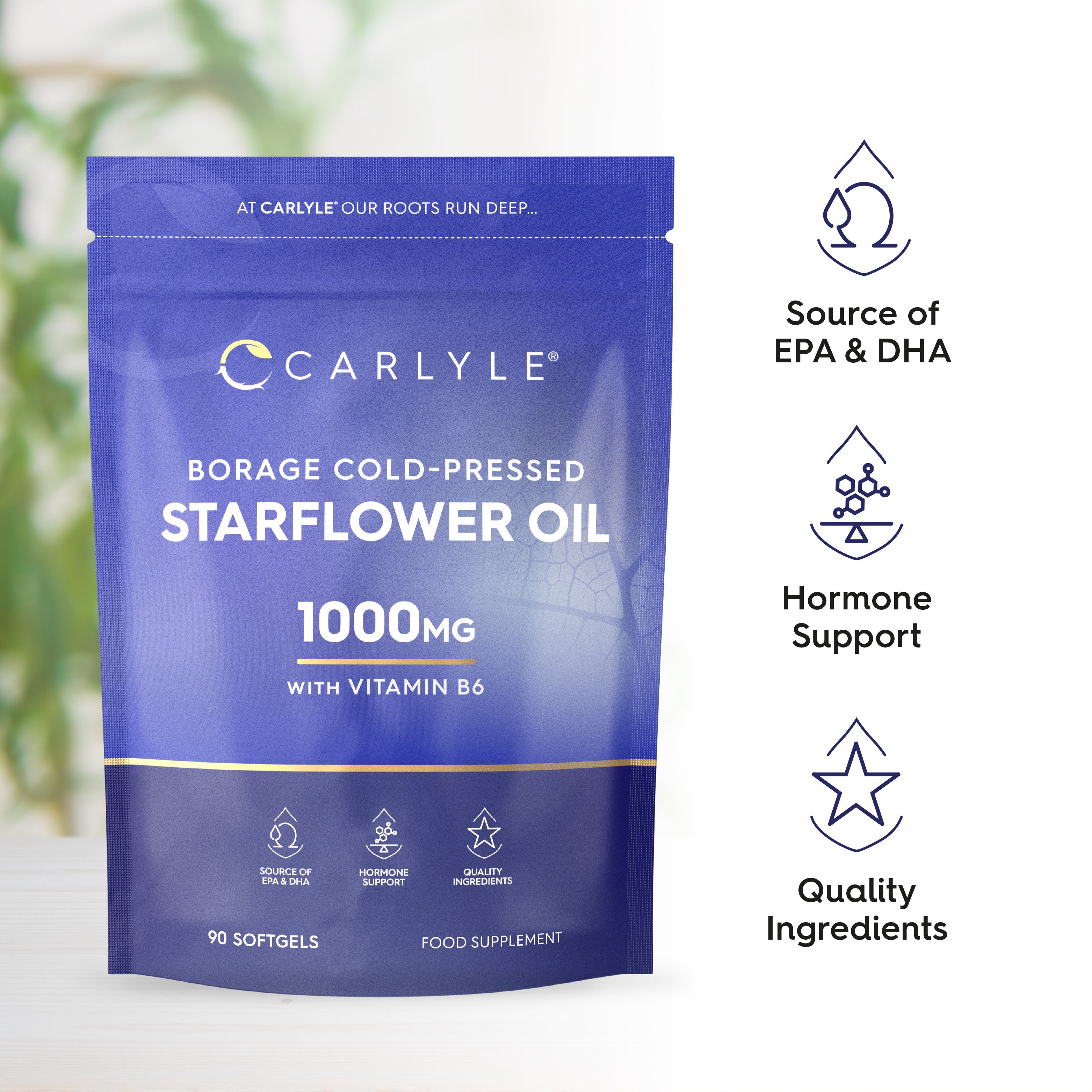 Carlyle Borage Cold-Pressed Starflower Oil 1000mg with Vitamin B6, available as 90 softgels.