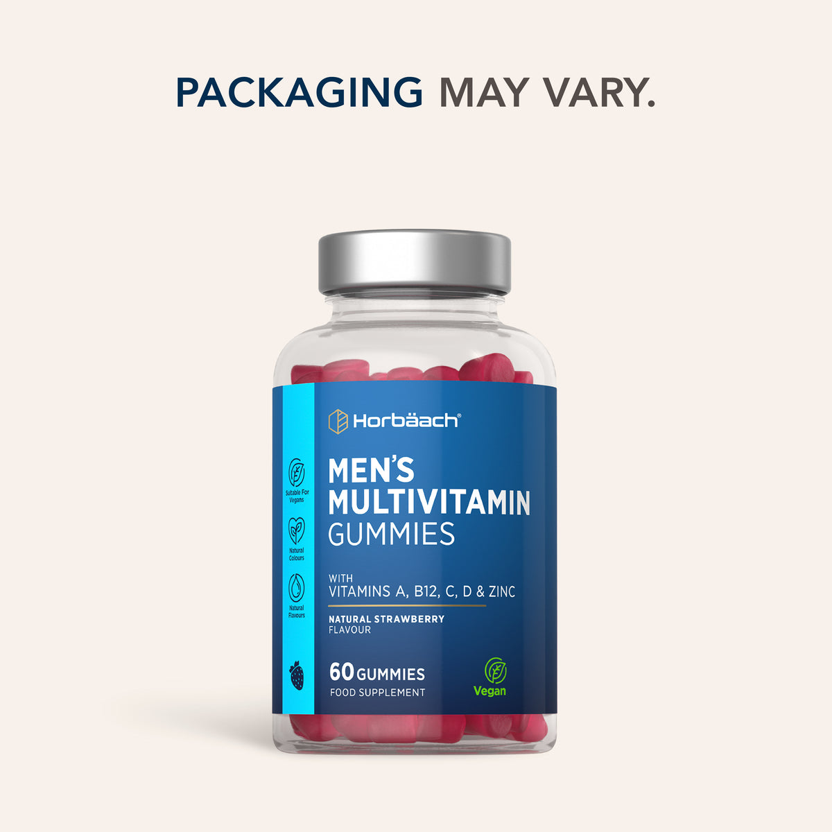 Men's Multivitamin Gummies with Vitamins A, B12, C, D, and Zinc in natural strawberry flavor. Contains 60 vegan gummies.