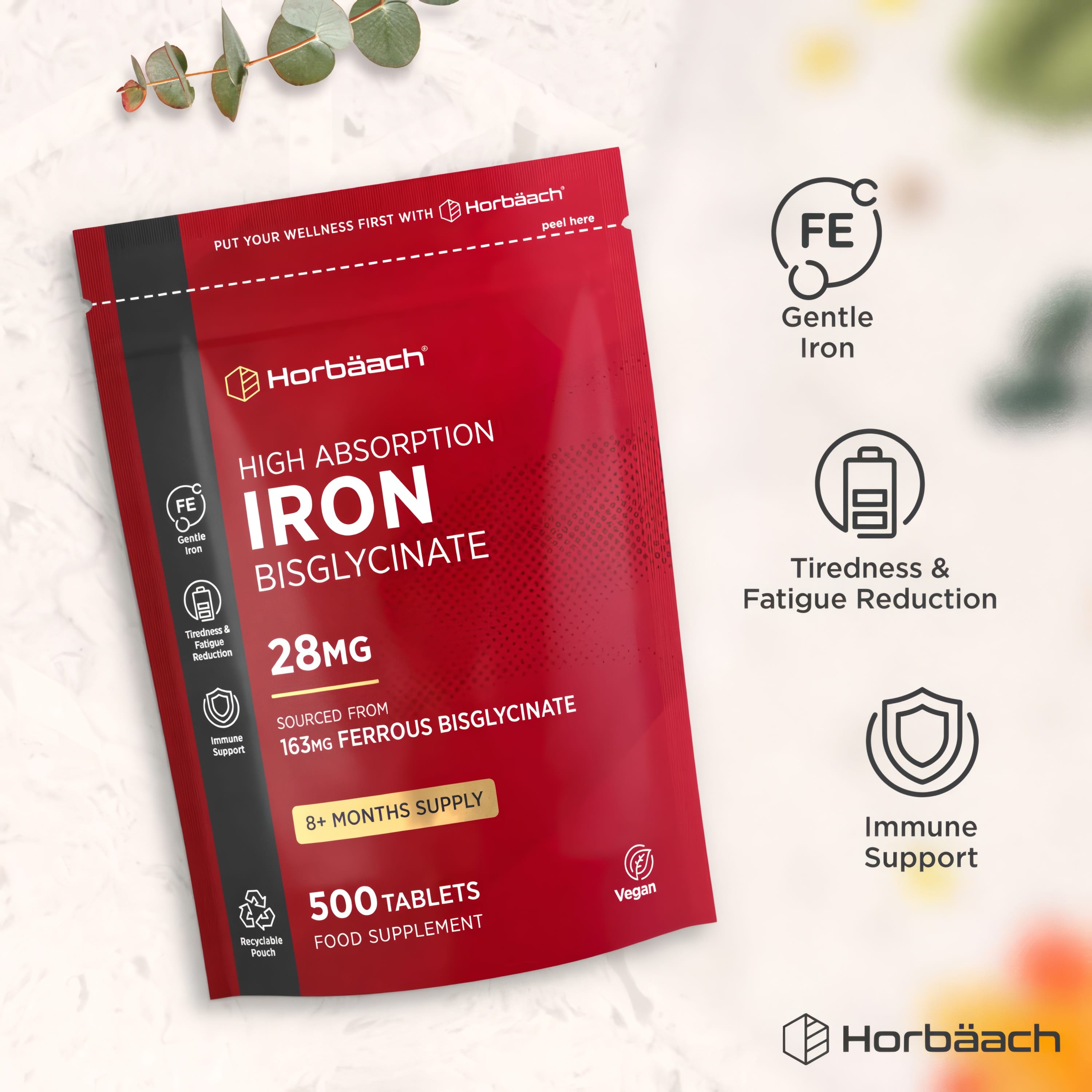 Horbäach High Absorption Iron Bisglycinate 28mg, 500 vegan tablets, provides an 8+ months supply food supplement.