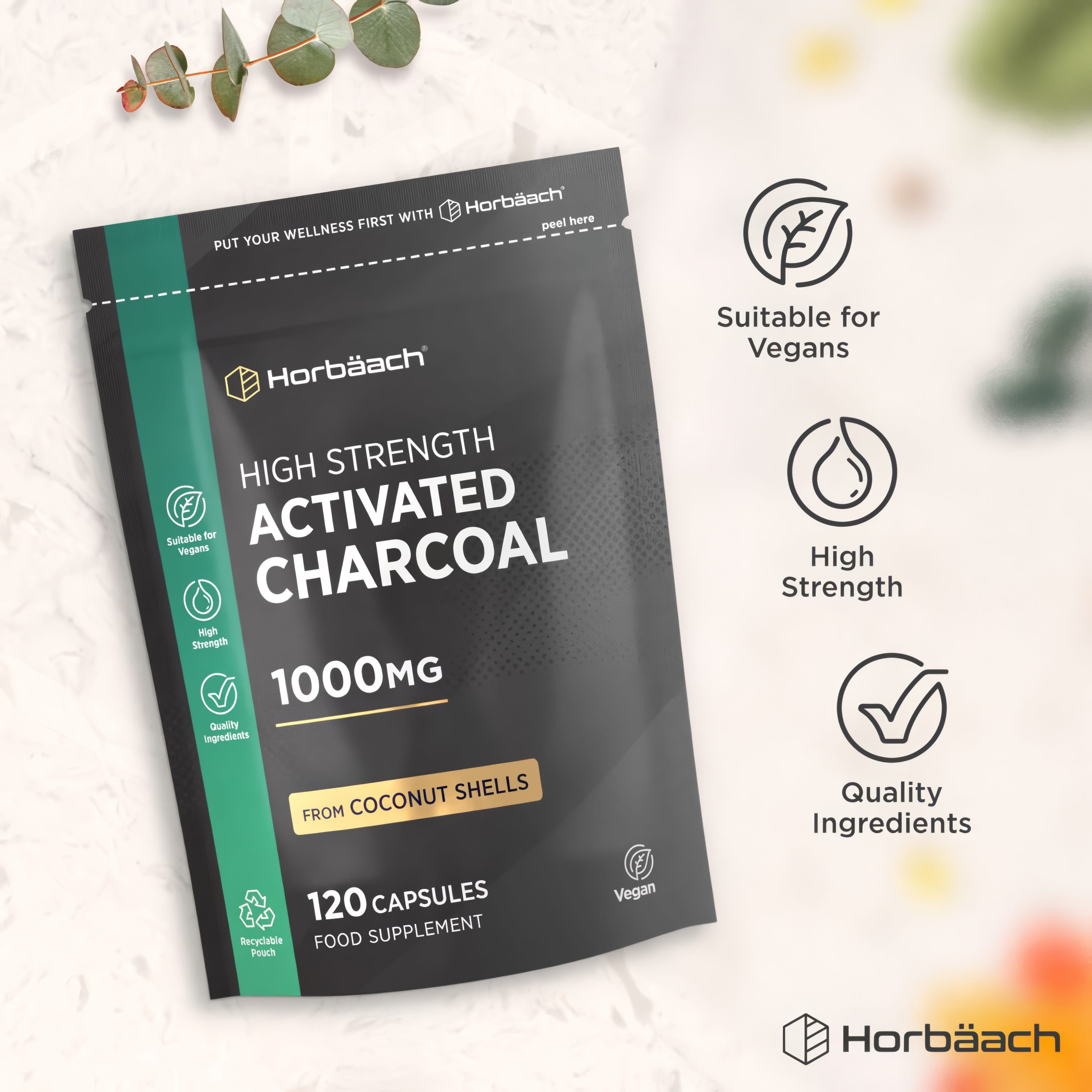 High Strength Activated Charcoal 1000mg, 120 vegan capsules from coconut shells in a recyclable pouch.
