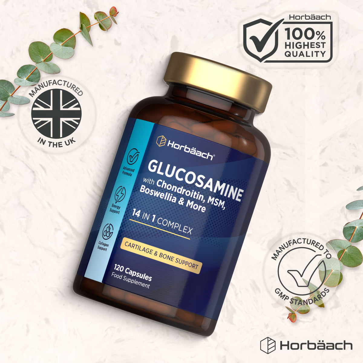 Glucosamine with Chondroitin, MSM, Boswellia & More in a 14-in-1 Complex; 120 Capsules Food Supplement.