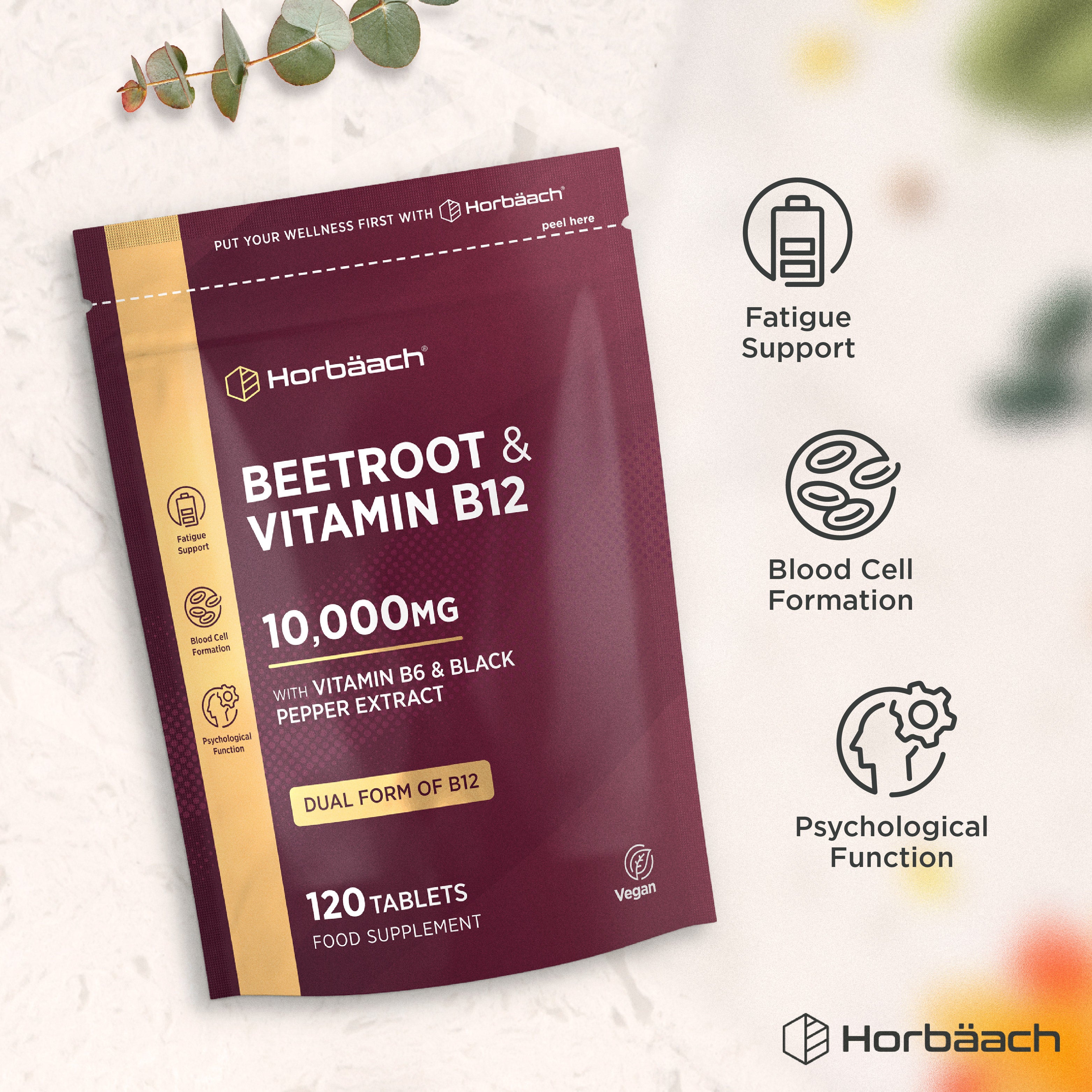 Beetroot & Vitamin B12 supplement, 10,000MG, with B6 & Black Pepper Extract; Dual Form of B12, 120 Vegan Tablets.