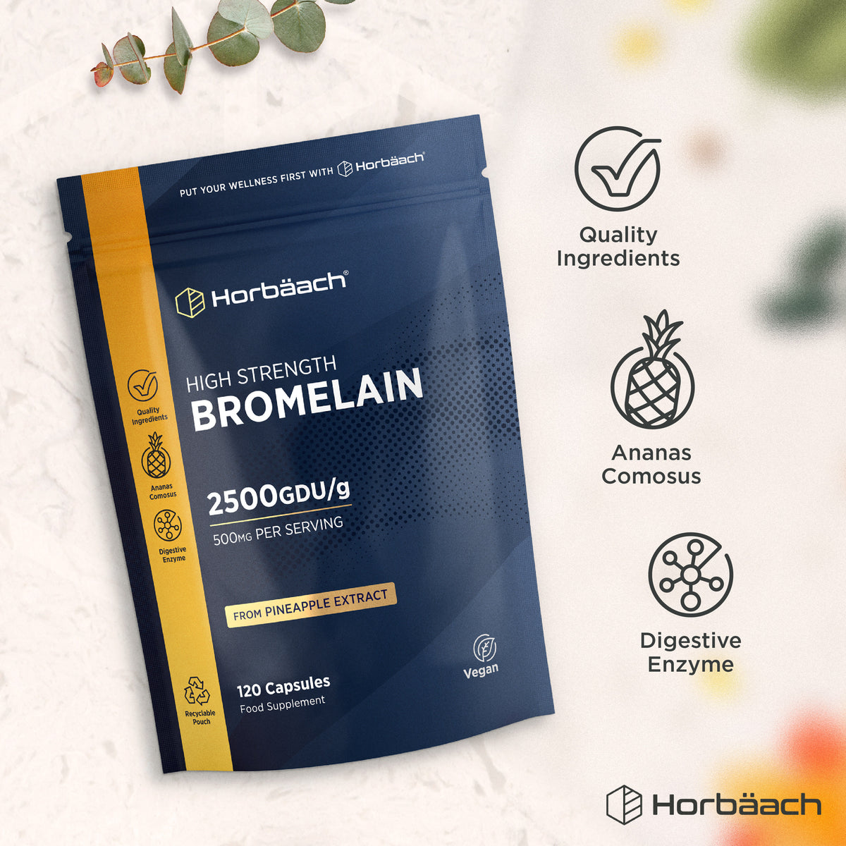 Bromelain bottle with icons indicating quality ingredients, Ananas Comosus, digestive enzyme, recyclable pouch, and vegan.