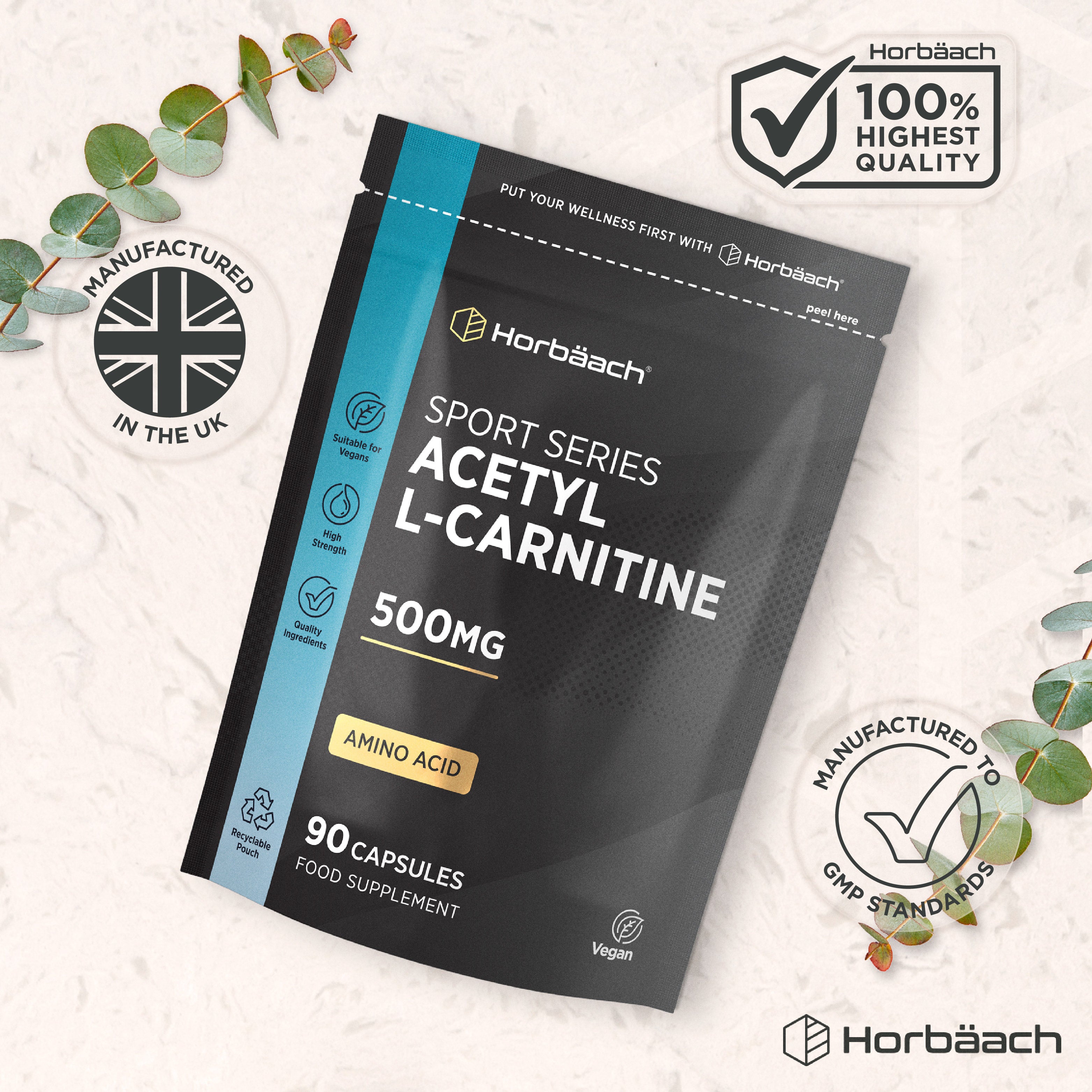 Horbäach Sport Series Acetyl L-Carnitine 500mg, 90 Vegan Capsules Food Supplement pouch shown.