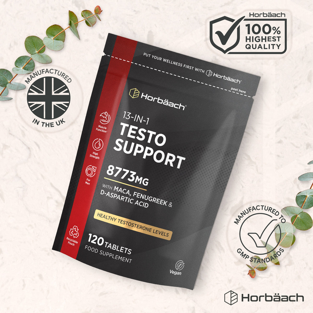 Horbäach 13-IN-1 Testo Support, 8773mg, 120 Vegan Tablets with Maca, Fenugreek, and D-Aspartic Acid for healthy testosterone.