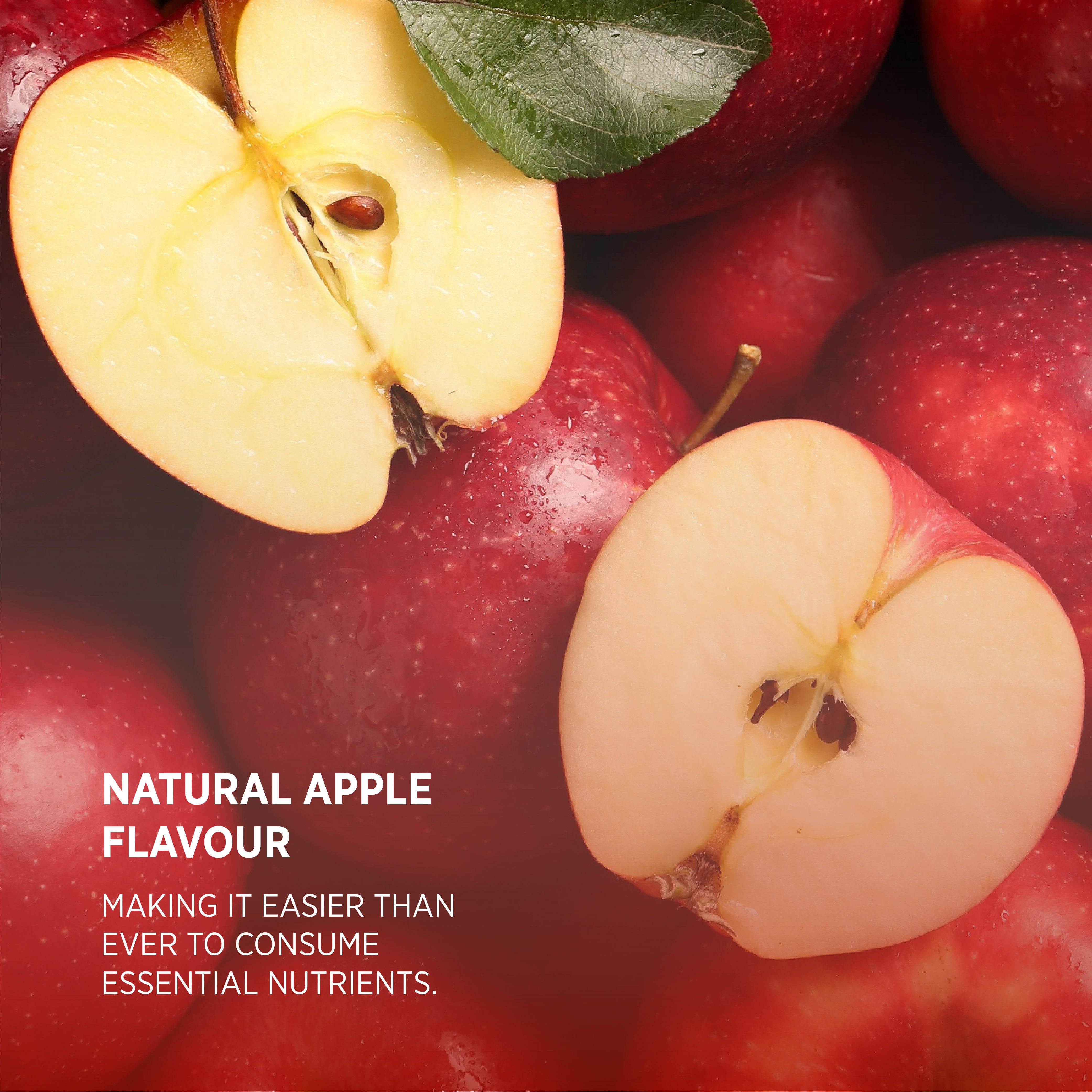 Red apples, some halved, with water droplets and a green leaf. Text: NATURAL APPLE FLAVOUR. Makes consuming essential nutrients easier.