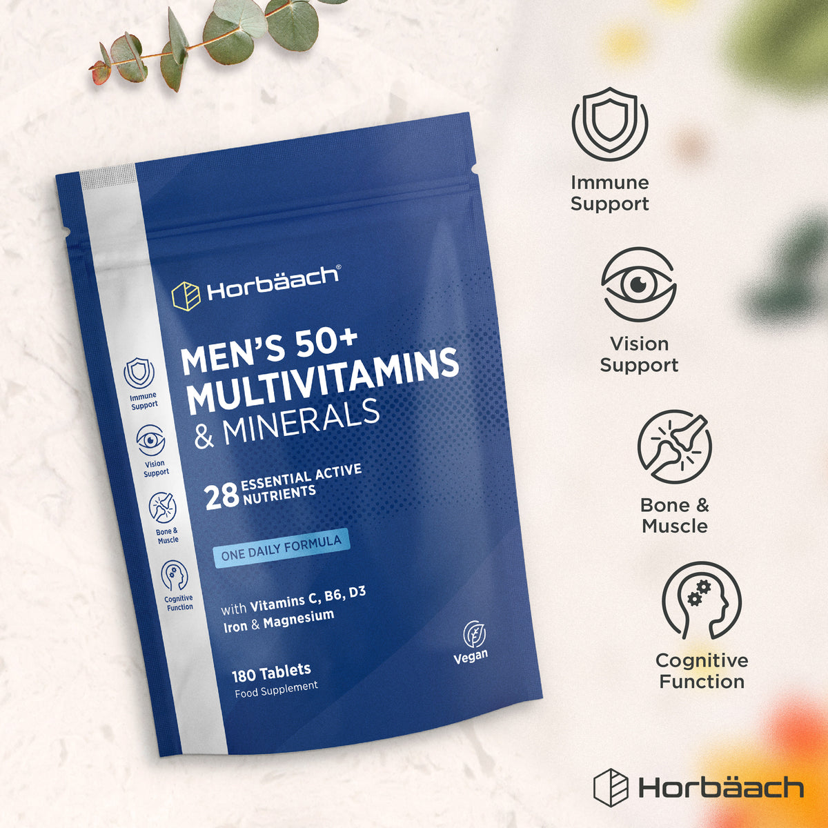 Horbäach Men's 50+ Multivitamins & Minerals, 28 essential nutrients with C, B6, D3, Iron & Magnesium. Vegan, 180 tablets.