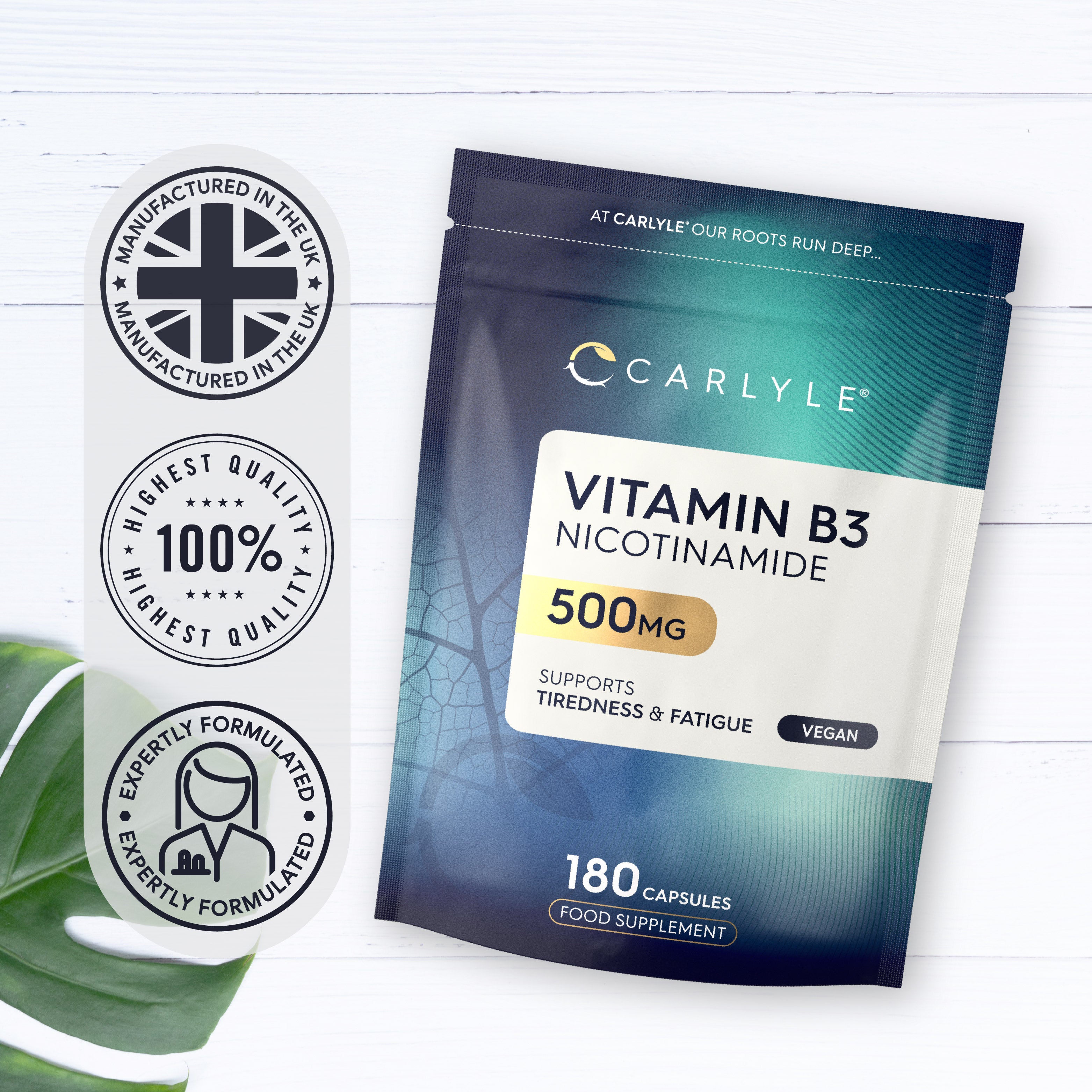 Nicotinamide Vitamin B3 500 mg, 180 Capsules food supplement pouch. Supports tiredness and fatigue. Vegan.