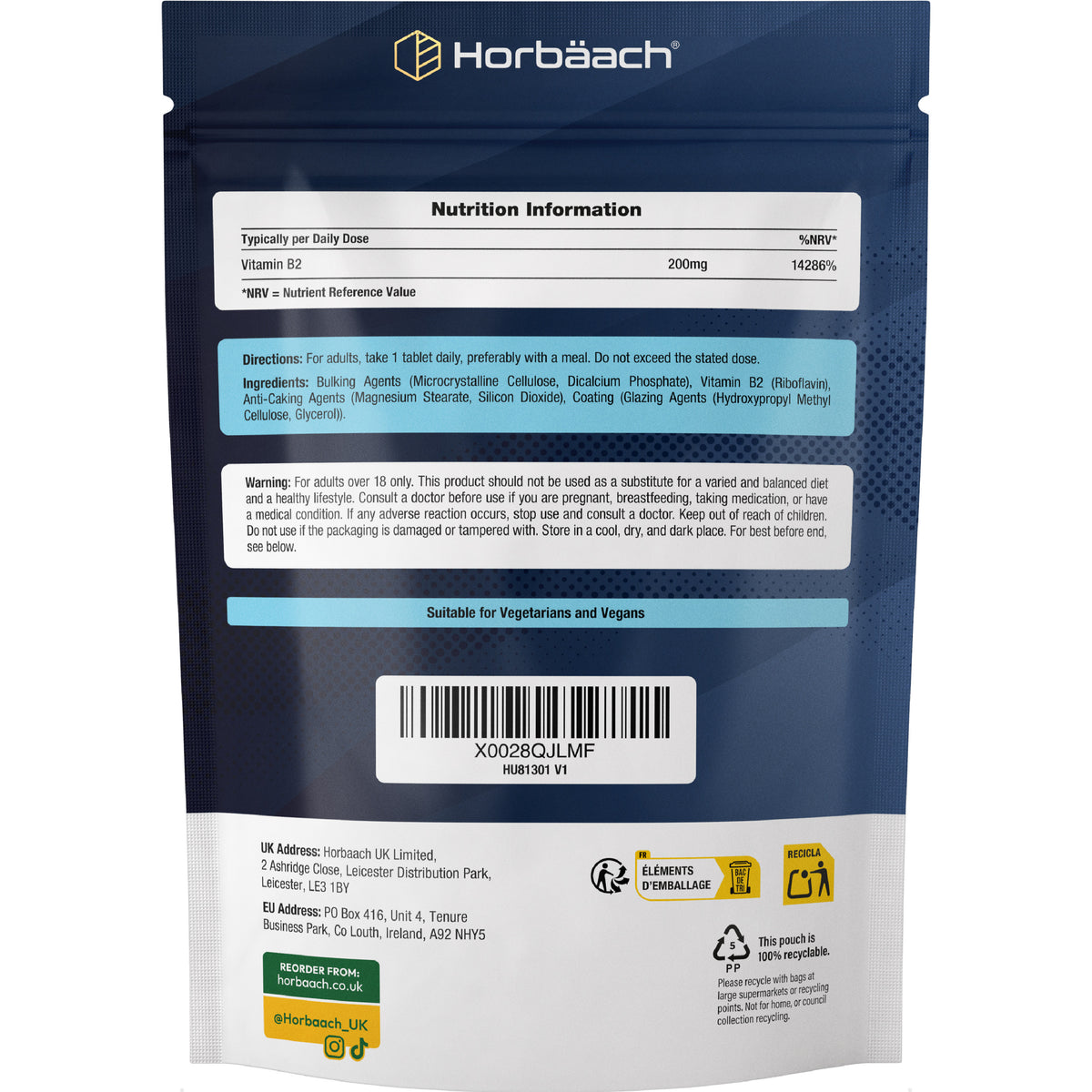HU Vitamin B2 Riboflavin 200mg, 120 Vegan Tablets pouch showing nutrition info, ingredients, and vegan suitability.