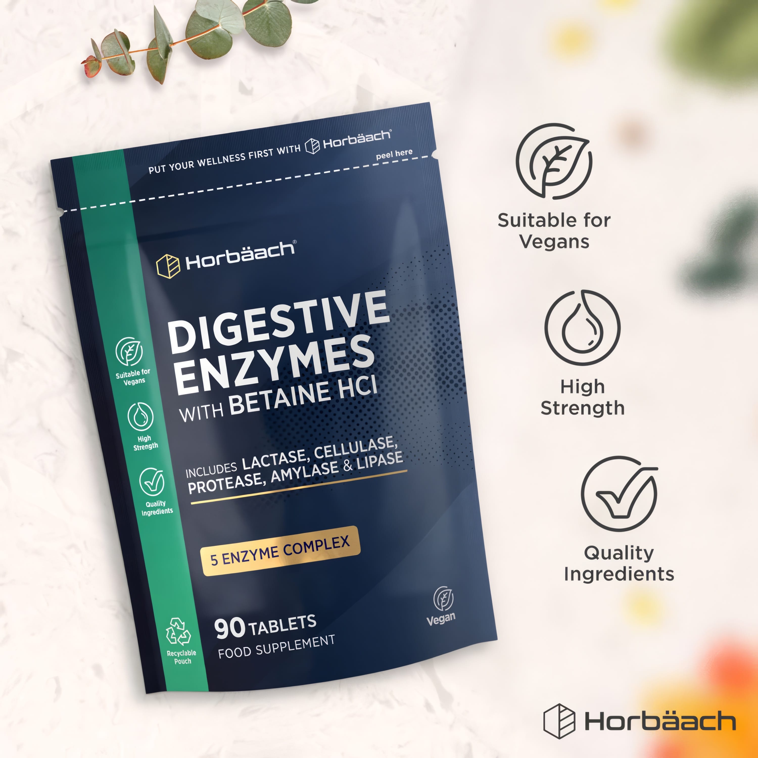 Digestive Enzymes with Betaine HCl includes Lactase, Cellulase, Protease, Amylase, and Lipase, 90 tablets in a bottle.