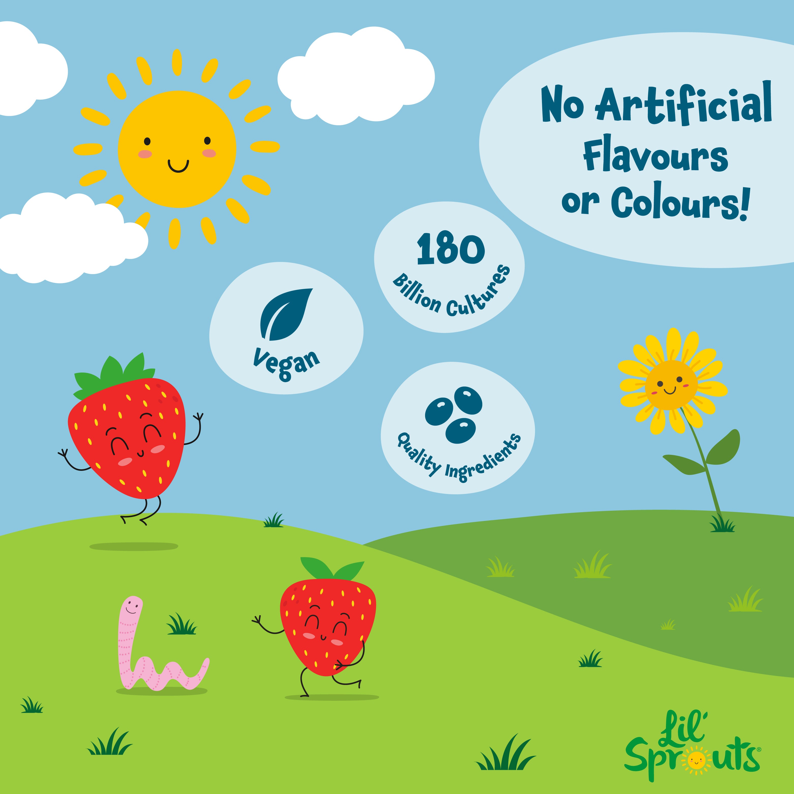 Product highlights graphic stating Vegan, 180 Billion Cultures, Quality Ingredients, No Artificial Flavours or Colours.