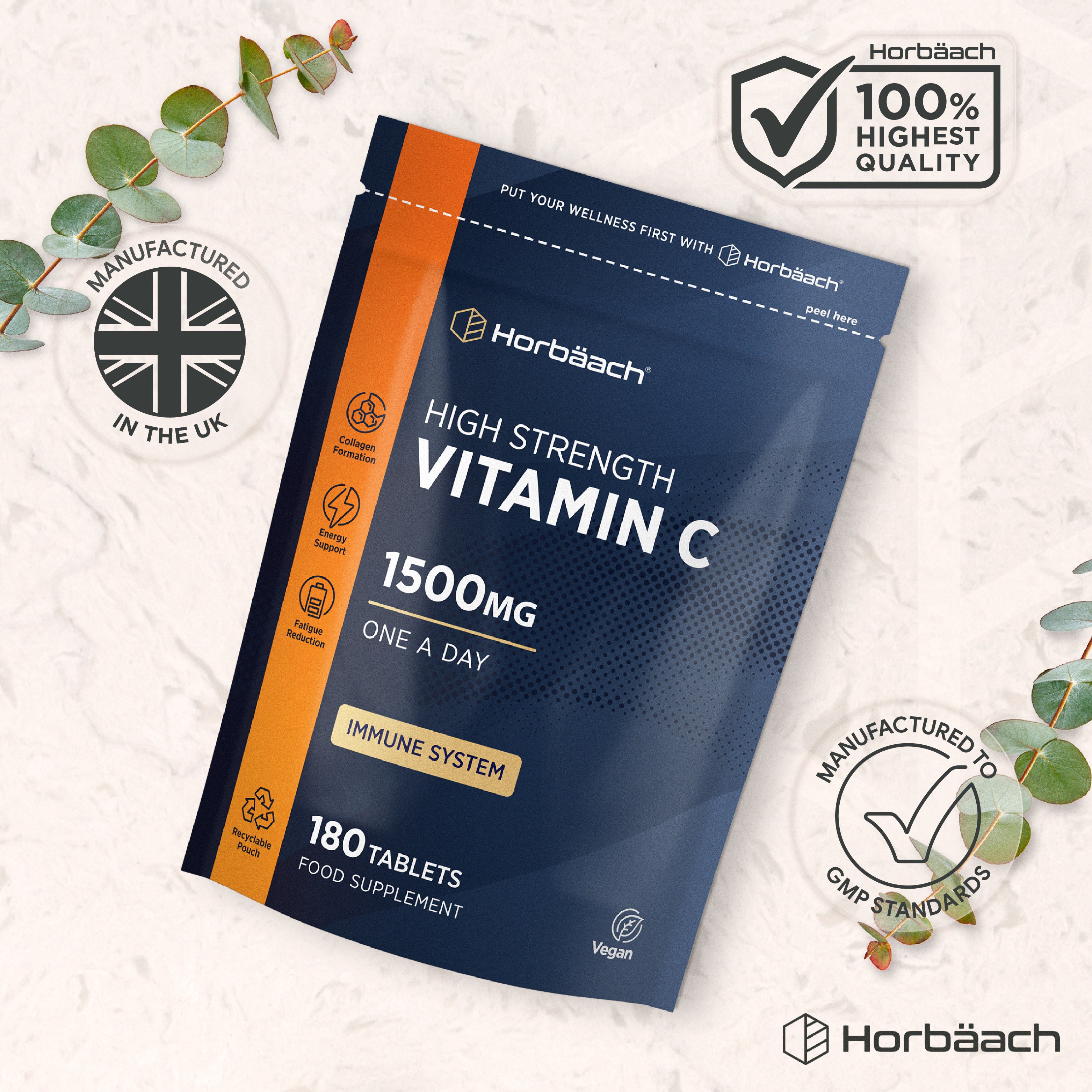 Horbäach High Strength Vitamin C 1500mg 180 Tablets, vegan food supplement in a recyclable pouch.