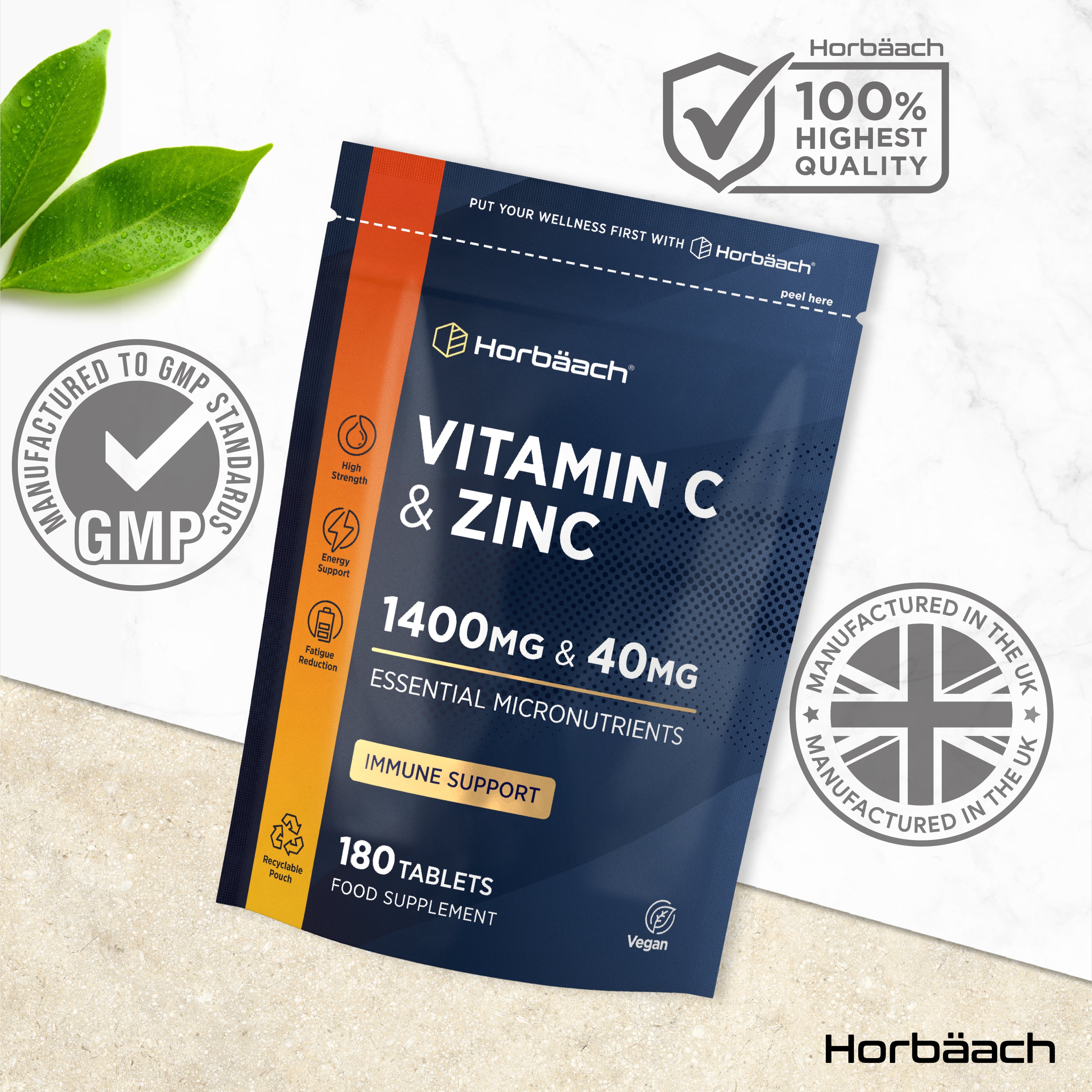 Vitamin C 1400mg and Zinc 40mg, 180 vegan tablets in a recyclable pouch as a food supplement.