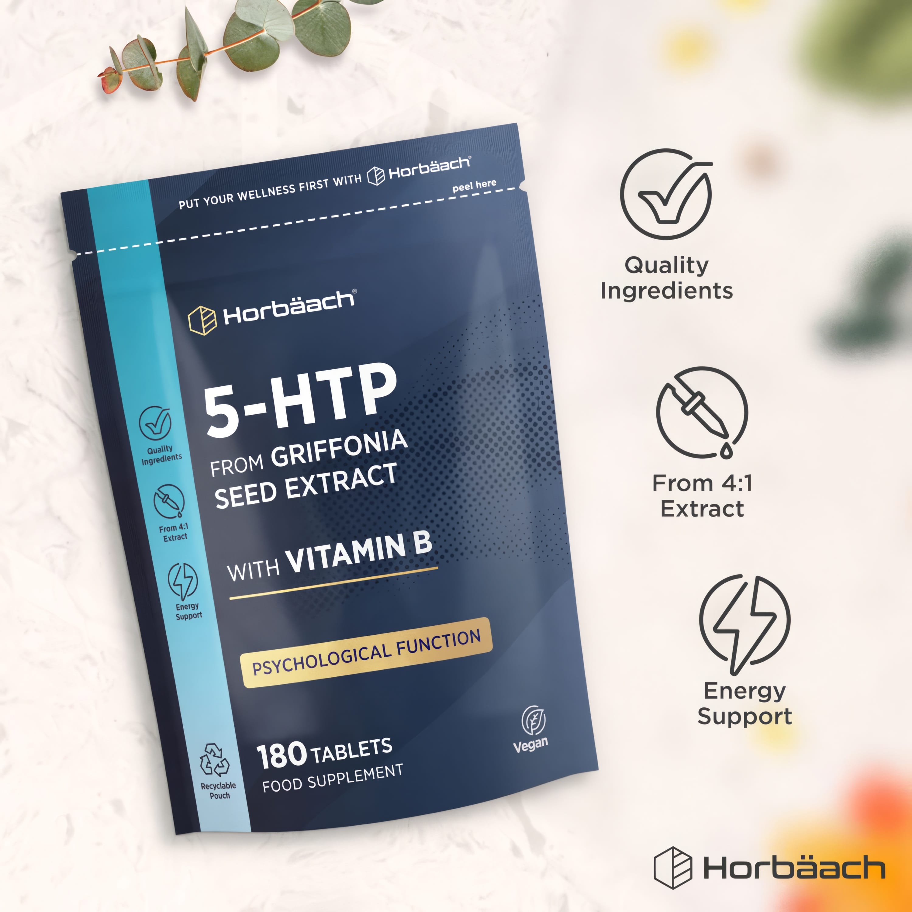 Product highlights graphic stating Quality Ingredients, 4:1 Extract, Energy Support, Psychological Function, Vegan, Recyclable Pouch.