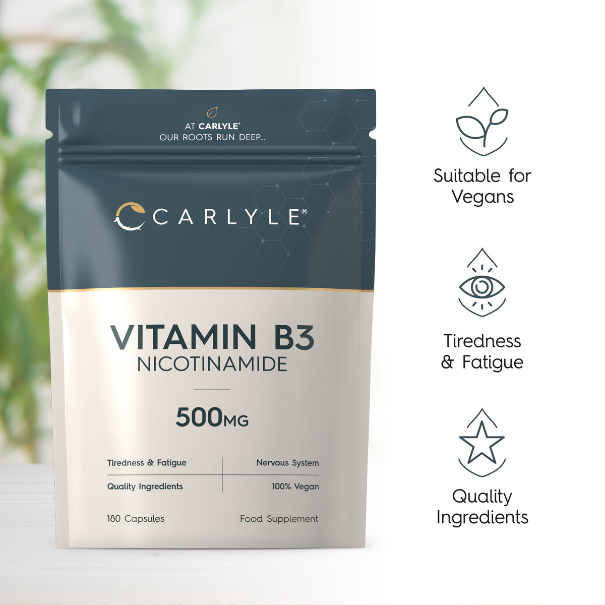 Product highlights graphic stating Suitable for Vegans, Tiredness & Fatigue, Quality Ingredients, Nervous System, 180 Capsules, Food Supplement.