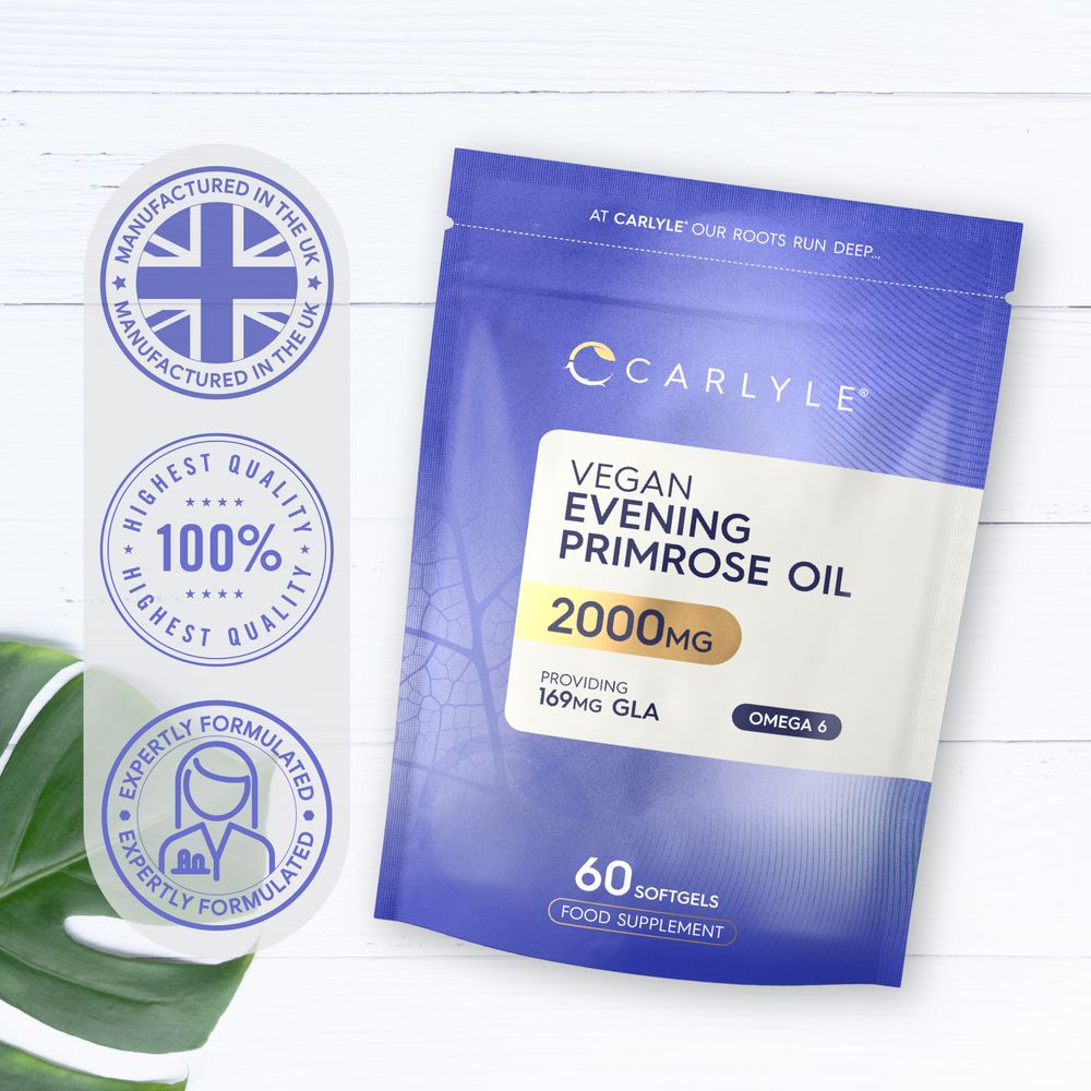 Vegan Evening Primrose Oil 2000mg bottle with 60 softgels, providing 169mg GLA and Omega 6.