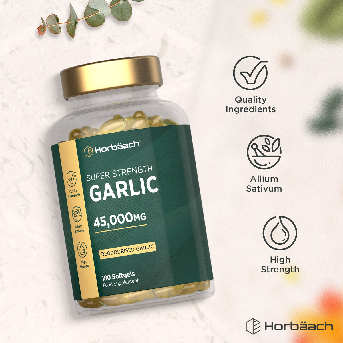 Deodourised Garlic bottle with icons indicating quality ingredients, Allium Sativum, high strength.