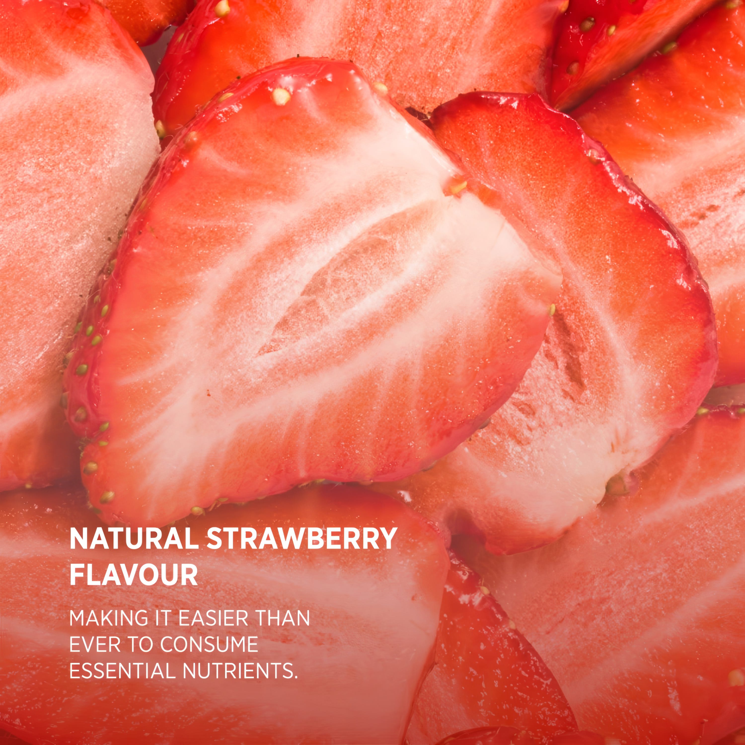 Product highlights graphic stating Natural Strawberry Flavour, making it easy to consume essential nutrients.