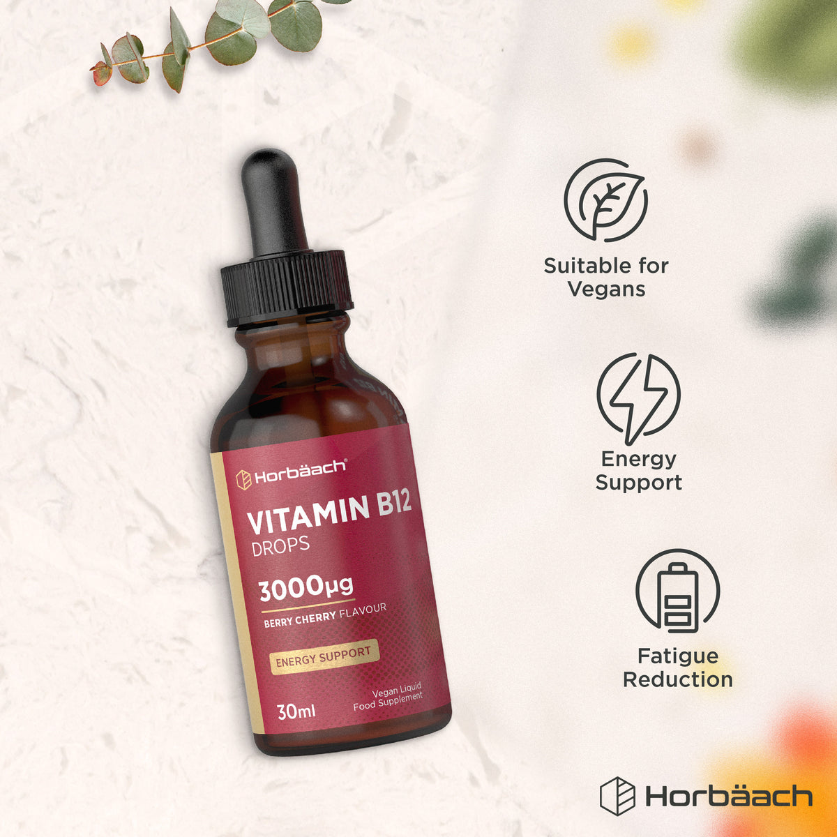 Product highlights graphic stating suitable for vegans, energy support, and fatigue reduction benefits.