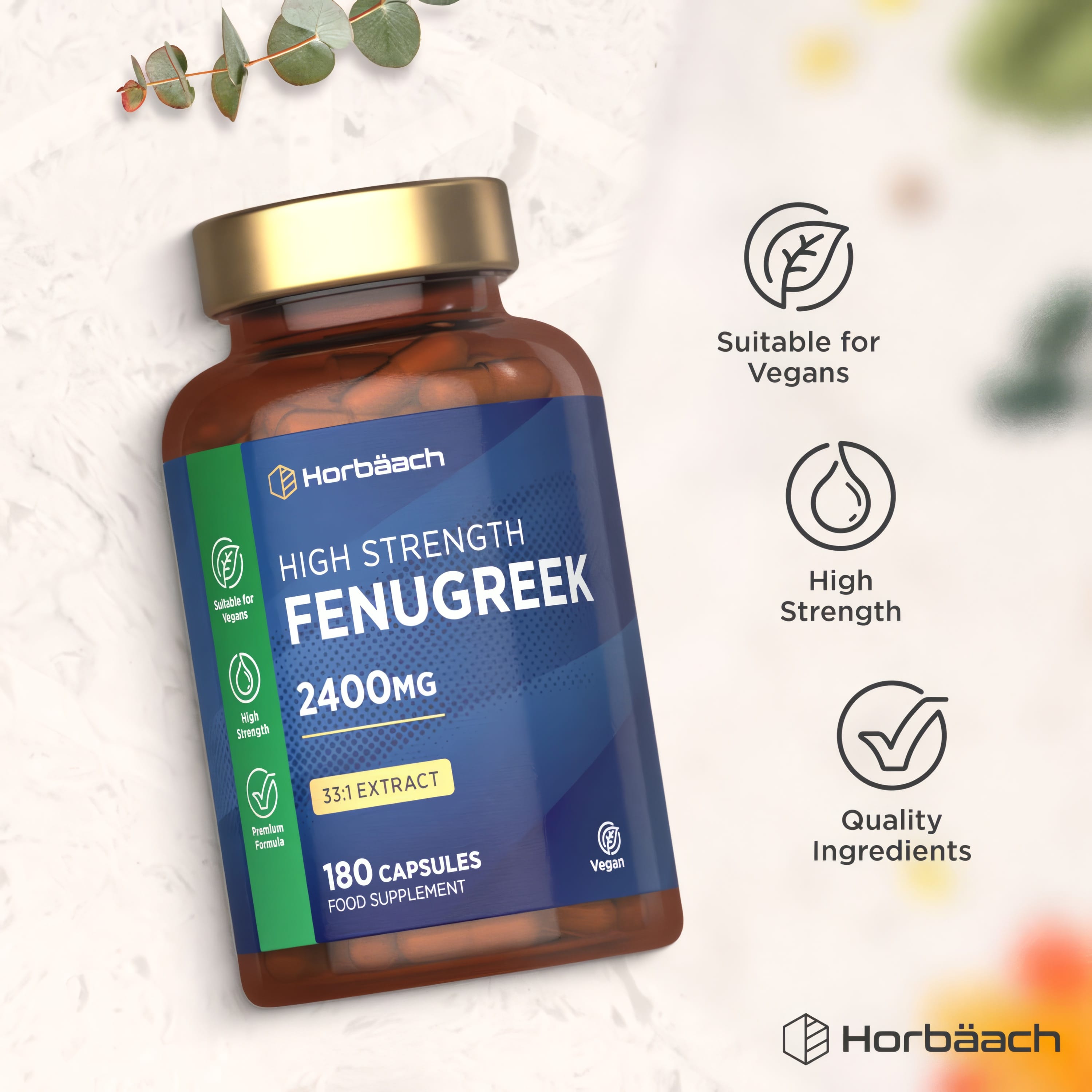 Horbäach High Strength Fenugreek 2400MG, 33:1 Extract, 180 Vegan Capsules in a bottle.
