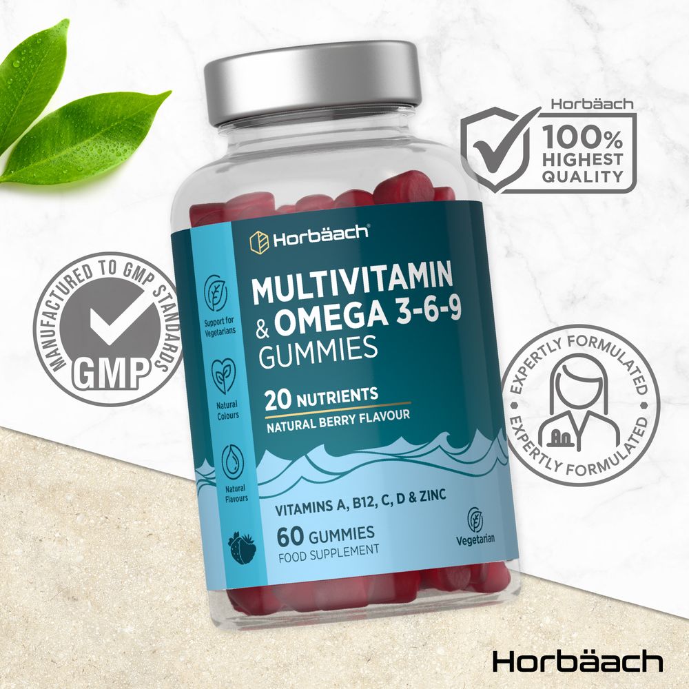 Horbäach Multivitamin & Omega 3-6-9 Gummies bottle, 60 count, placed on a hand for size comparison.