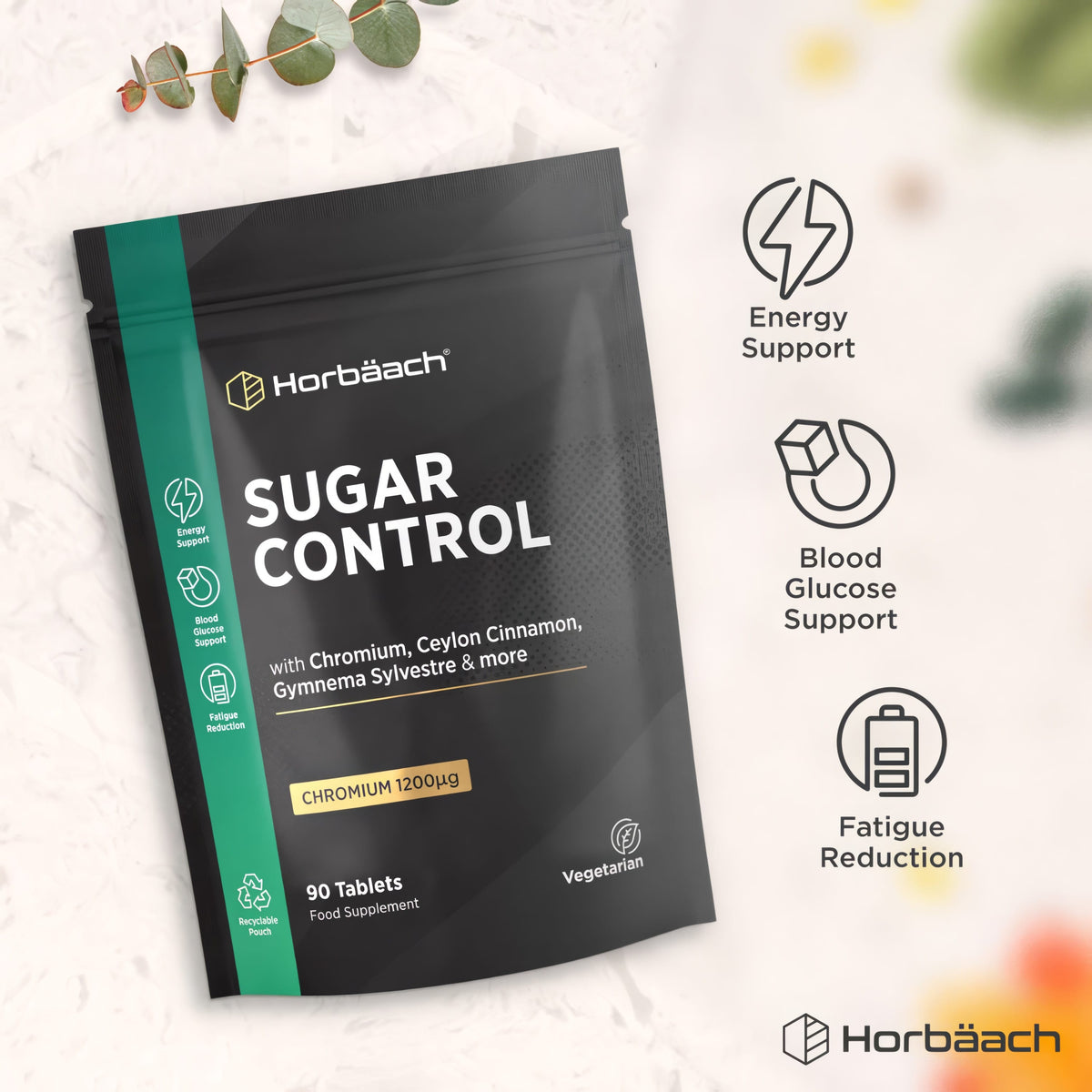 Sugar Control Food Supplement with Chromium, Ceylon Cinnamon, Gymnema Sylvestre, containing 90 tablets.