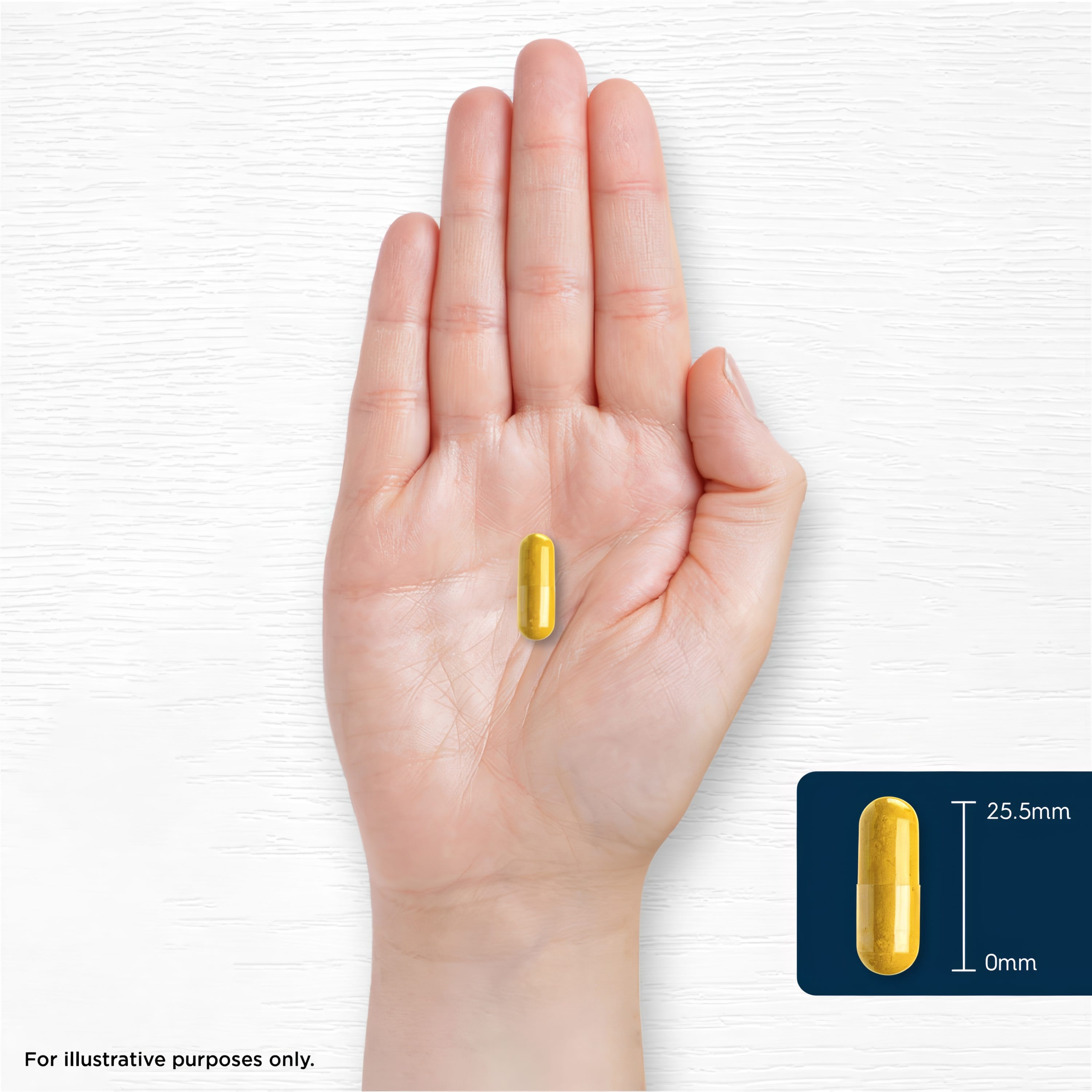 Golden capsule, 25.5mm long, rests in the palm of a hand, showcasing its compact size and highlighting its potential use.