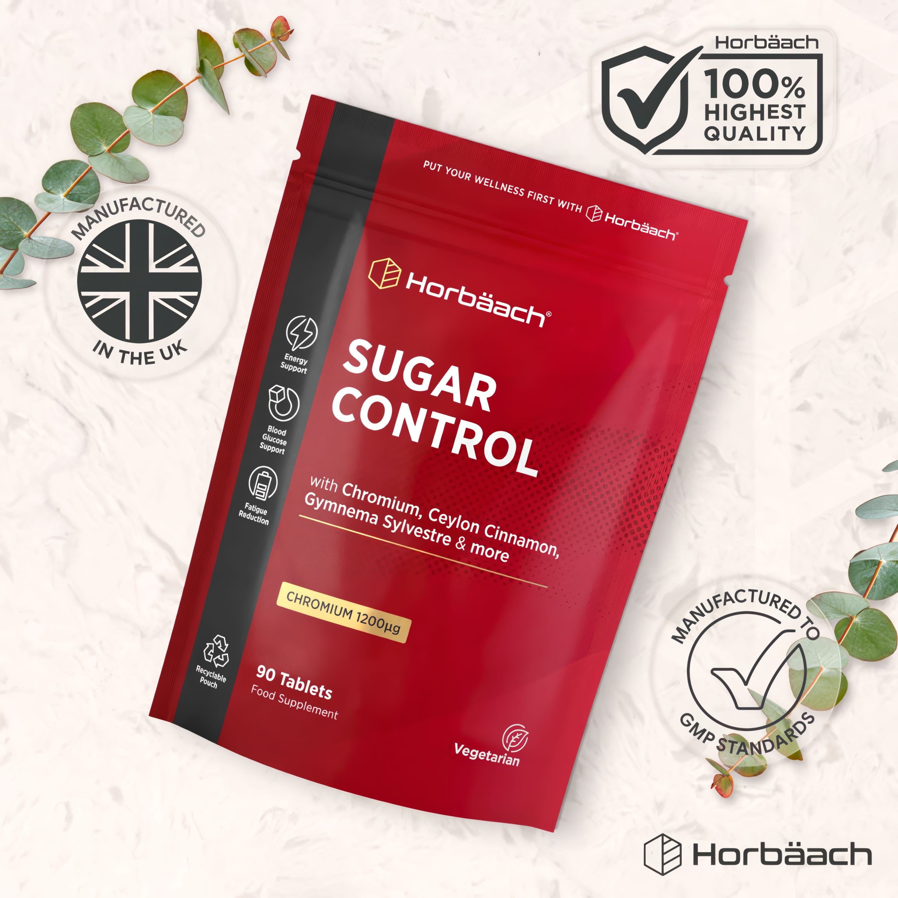 Horbäach Sugar Control Food Supplement, 90 tablets with Chromium, Ceylon Cinnamon, Gymnema Sylvestre, and more.