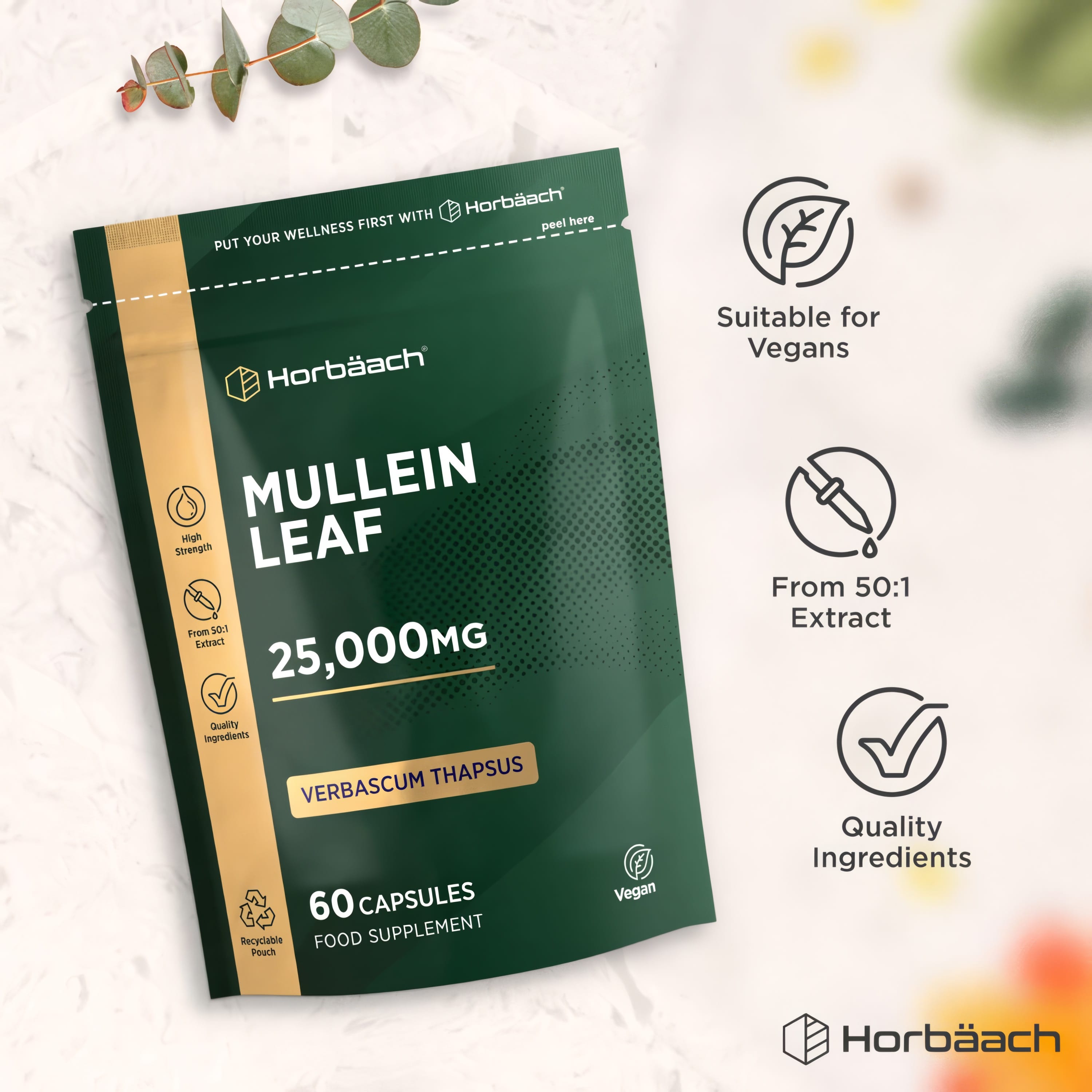 Mullein Leaf Extract 25,000mg, 60 Vegan Capsules. High strength, 50:1 extract, quality ingredients, in a recyclable pouch.