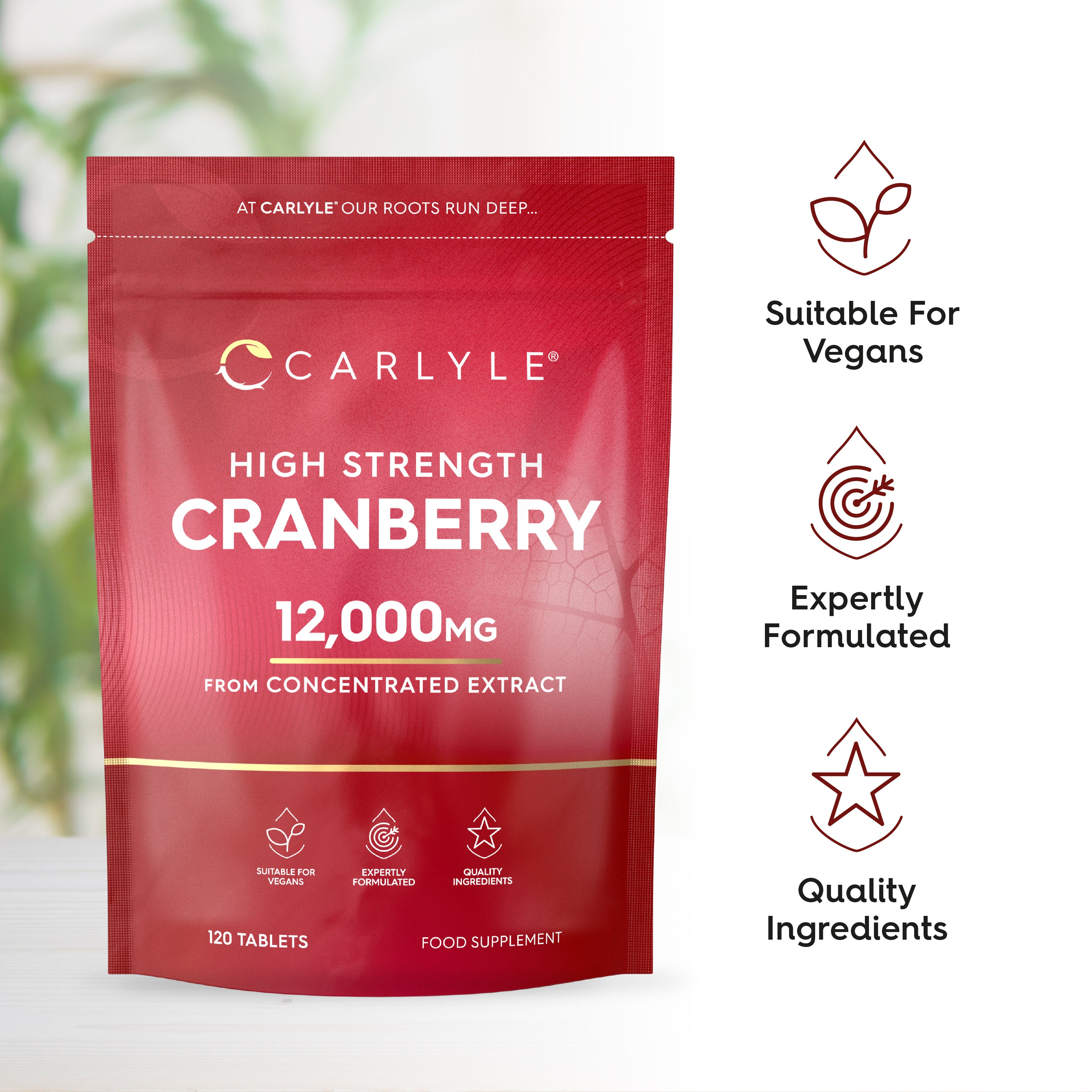 Carlyle High Strength Cranberry 12,000mg 120 Tablets: Suitable for vegans, expertly formulated with quality ingredients.