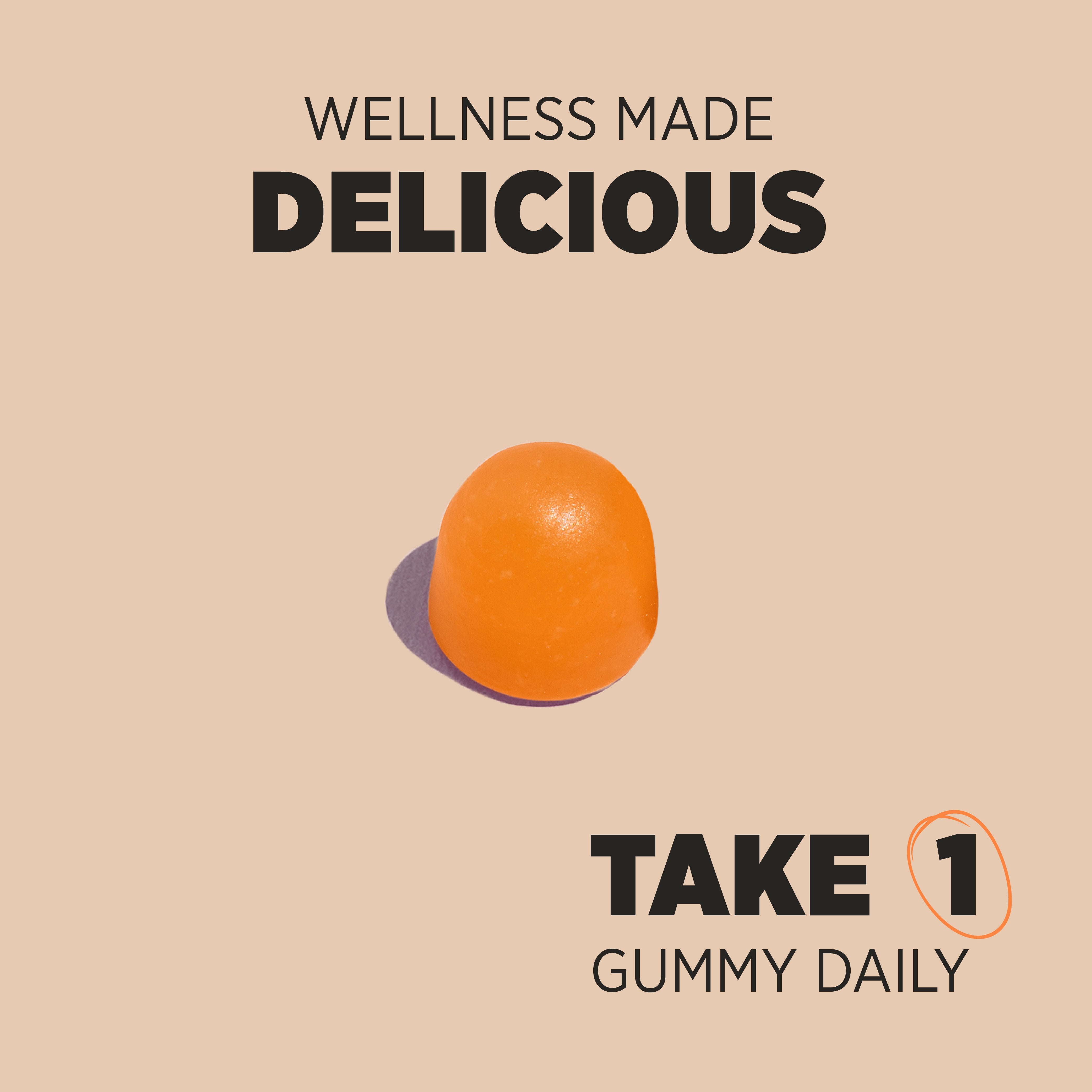 HU Vitamin D3 4000iu + K2 50ug Vegan Gummy with text 'WELLNESS MADE DELICIOUS' and 'TAKE 1 GUMMY DAILY'.