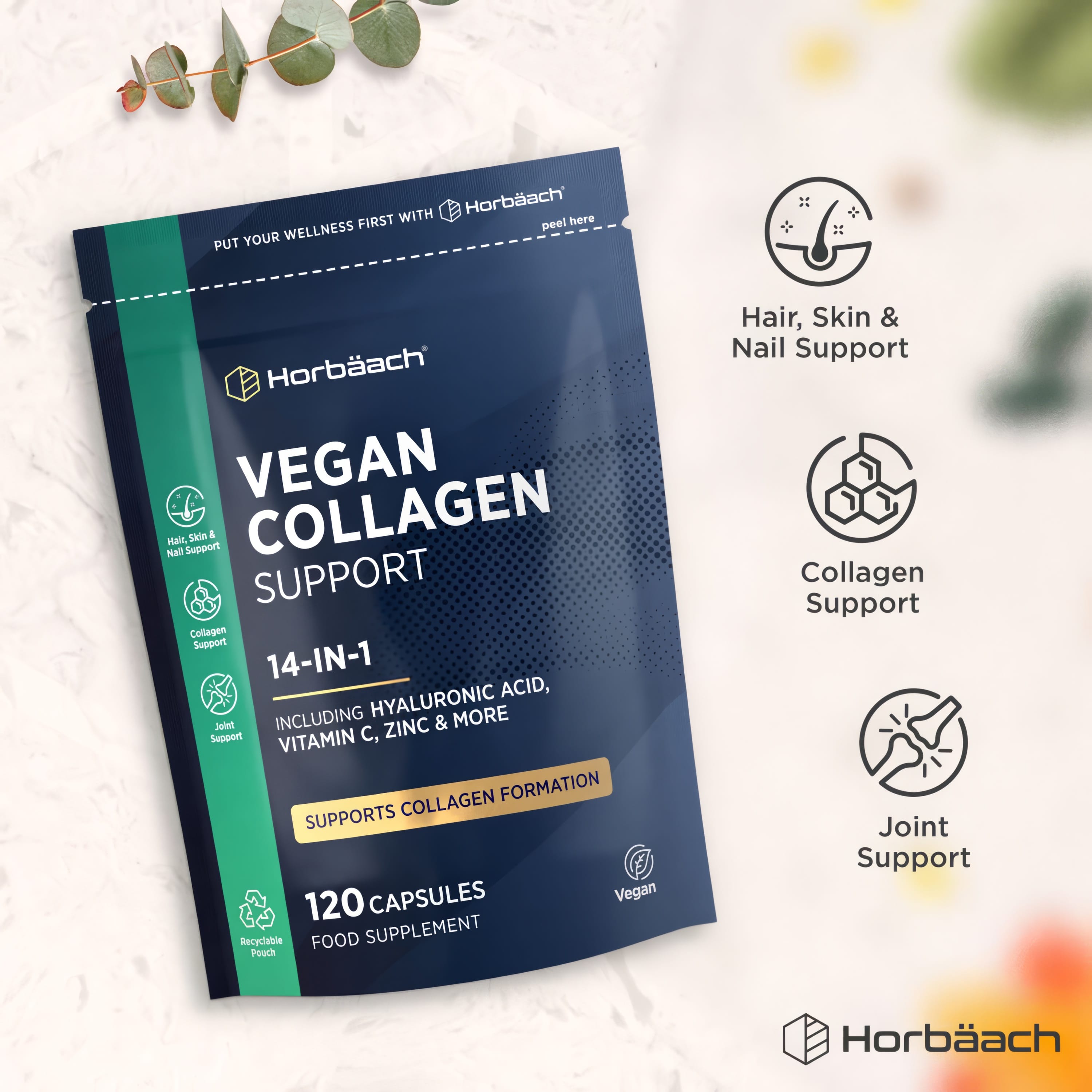 Horbäach Vegan Collagen Support 14-IN-1 with Hyaluronic Acid, Vitamin C, and Zinc, 120 Capsules bottle.