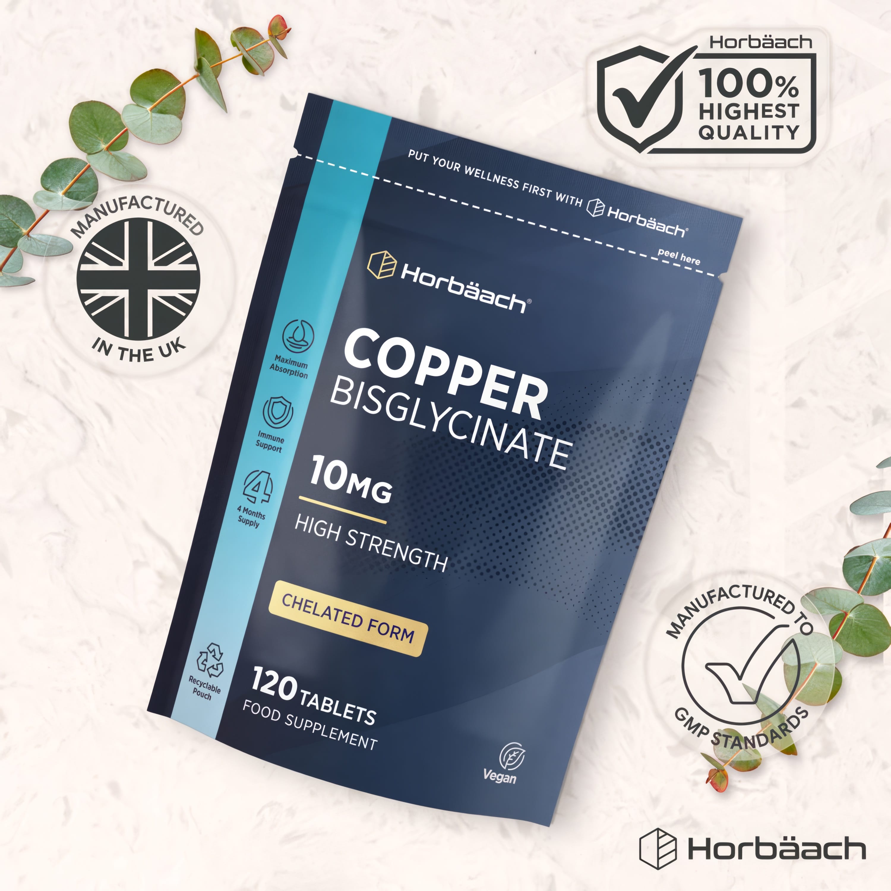 Horbäach Copper Bisglycinate 10mg tablets, high strength, chelated form, 120 count, vegan food supplement.
