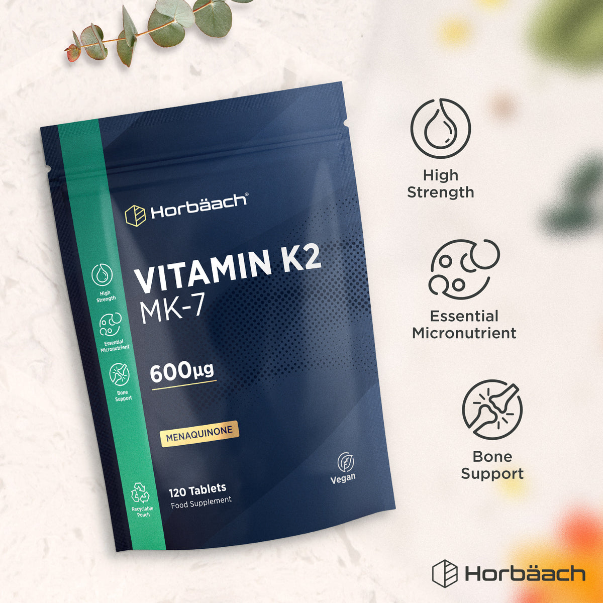 Vitamin K2 MK-7 600μg 120 Vegan Tablets offer menaquinone, a high-strength essential micronutrient for bone support.