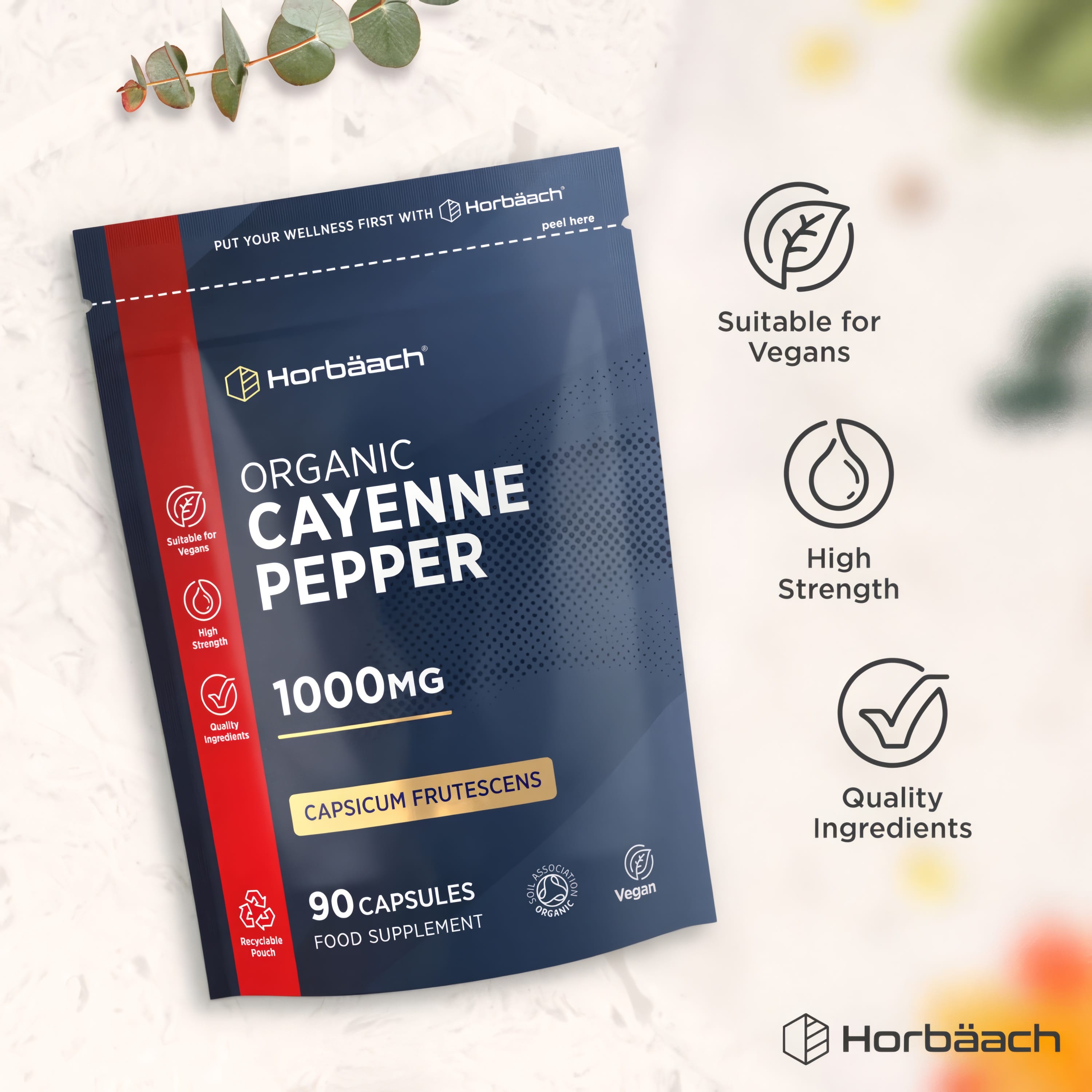Horbäach Organic Cayenne Pepper 1000mg vegan capsules, 90 count, in a recyclable pouch with organic certification.