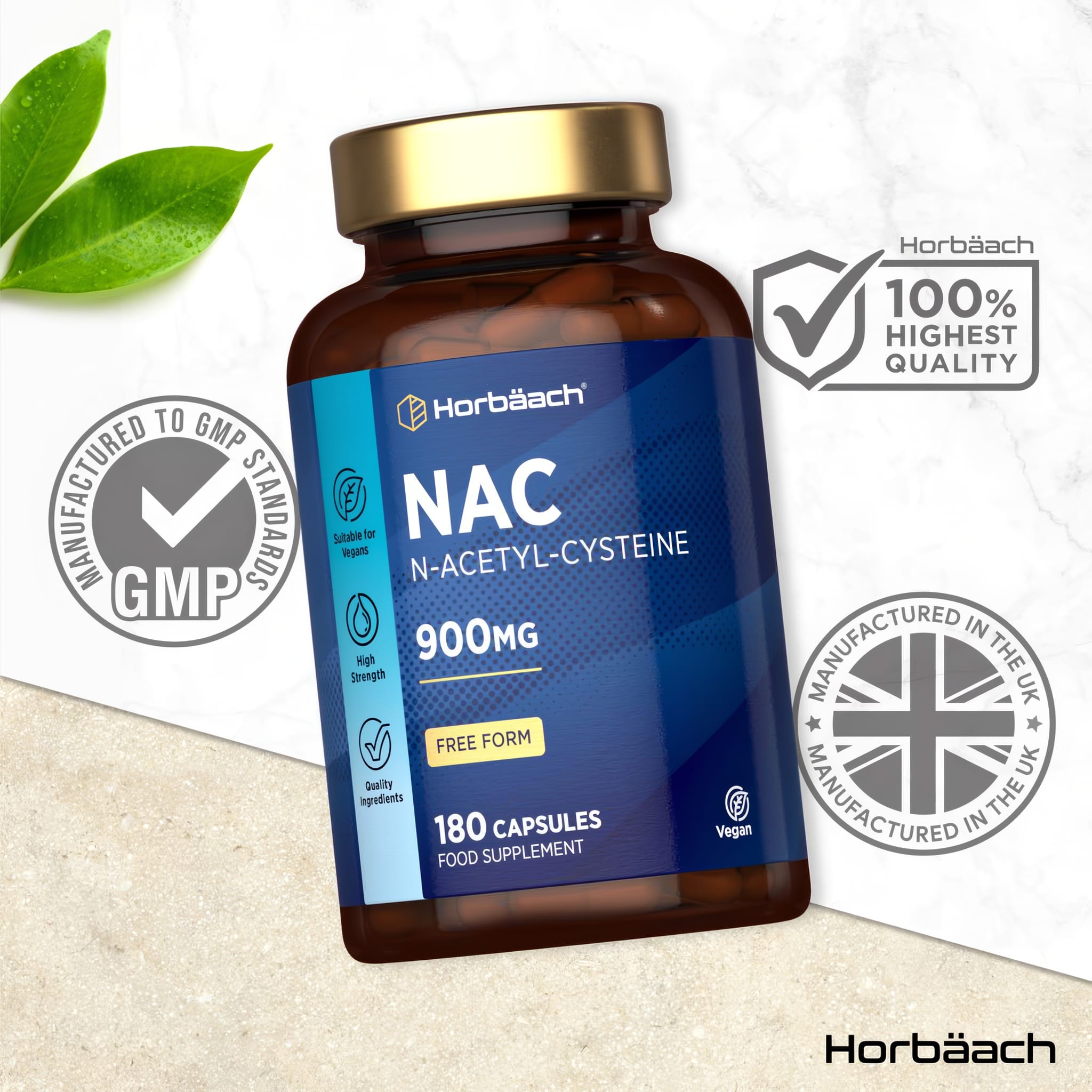 NAC N-Acetyl Cysteine supplement, 900mg per capsule, 180 capsules in a container.
