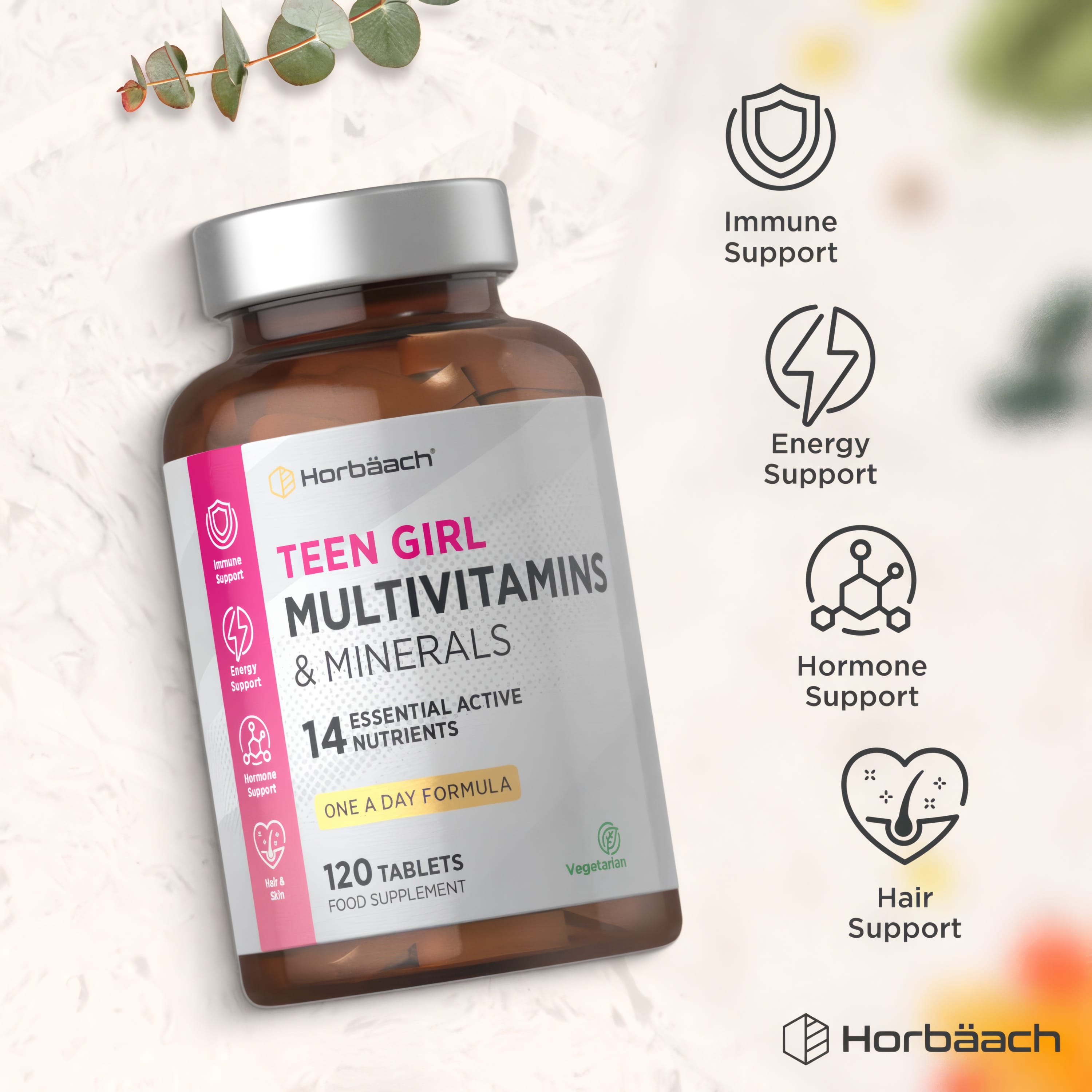 Horbäach Teen Girl Multivitamins & Minerals, 120 Tablets. One A Day Formula with 14 Essential Active Nutrients. Vegetarian.