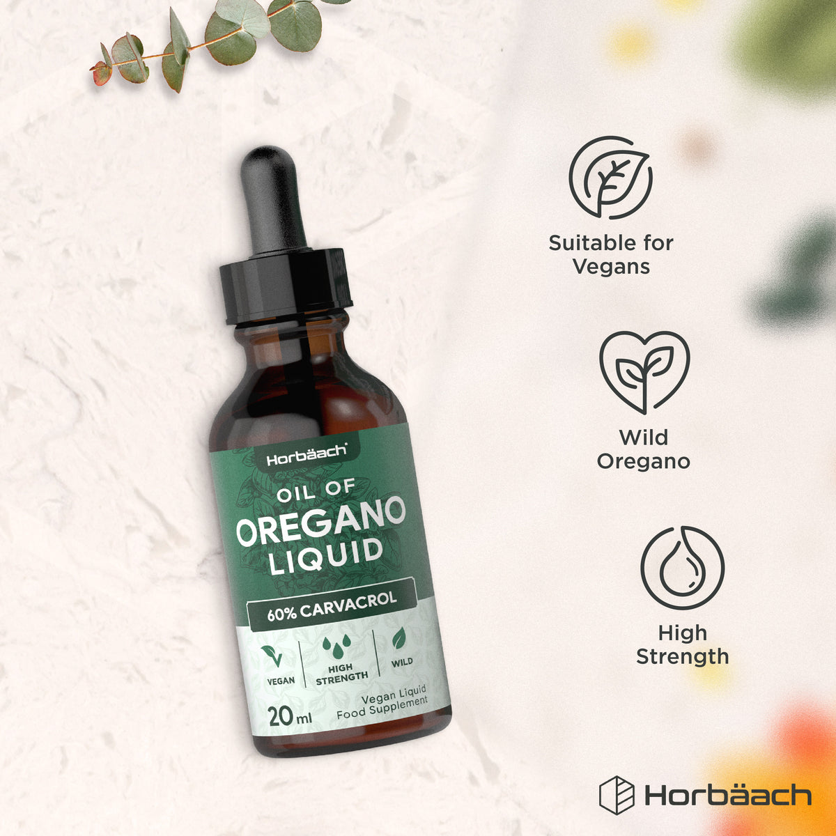 Horbäach Oil of Oregano Liquid, 60% Carvacrol, 20ml. Vegan, wild oregano, high-strength food supplement.