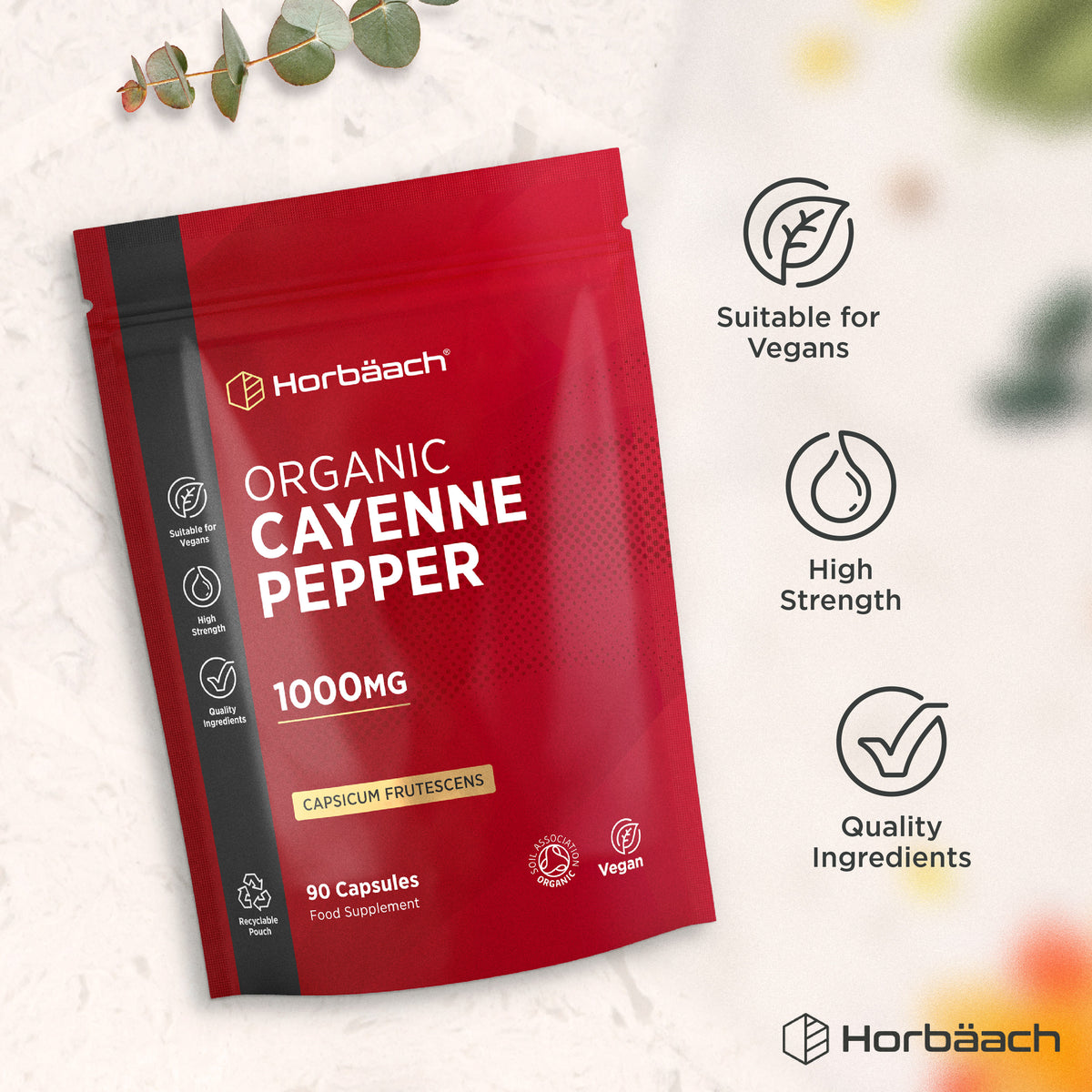 Horbäach Organic Cayenne Pepper 1000mg, 90 vegan capsules containing Capsicum Frutescens.