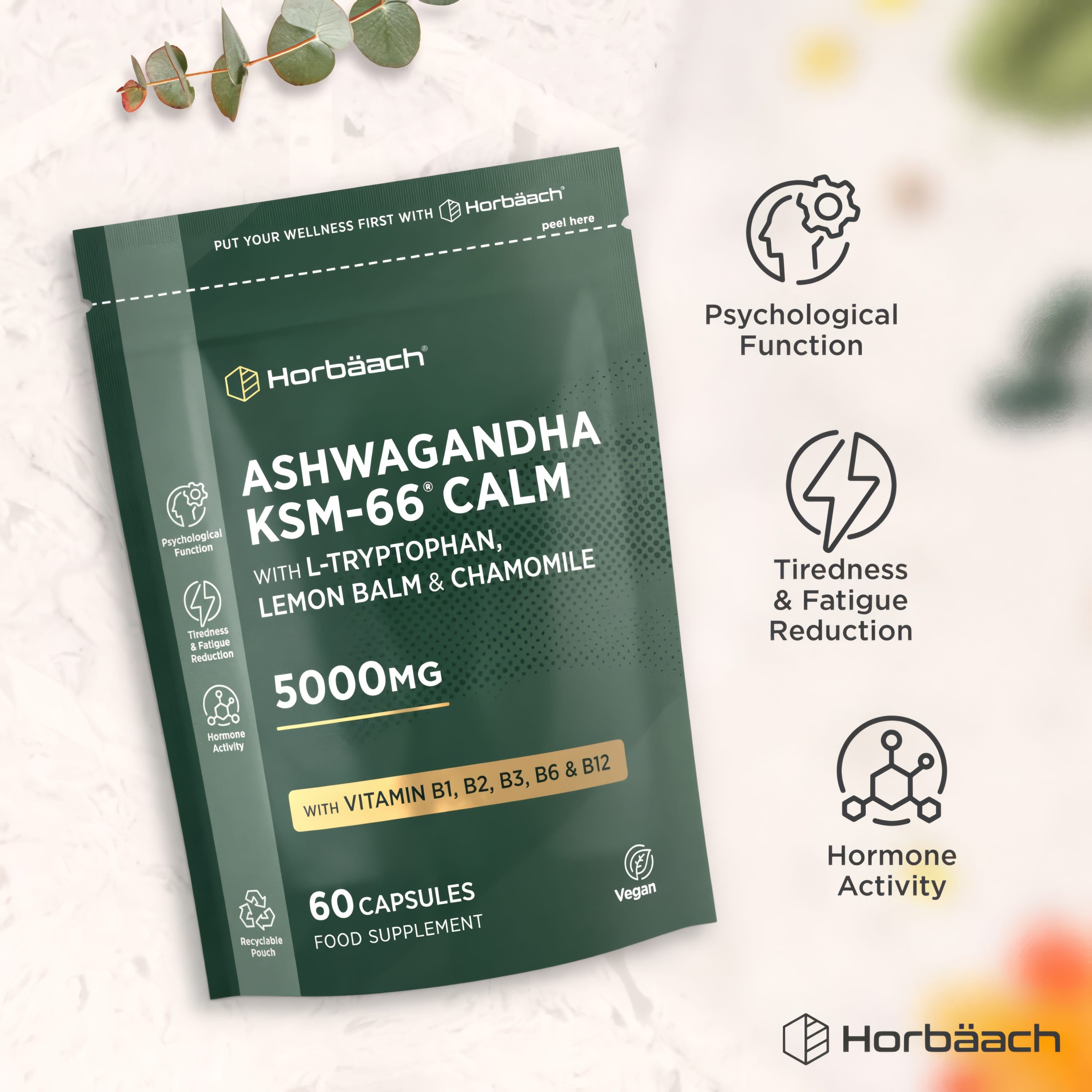 Ashwagandha KSM-66 Calm 5000mg includes L-Tryptophan, Lemon Balm, Chamomile, 60 vegan capsules food supplement.