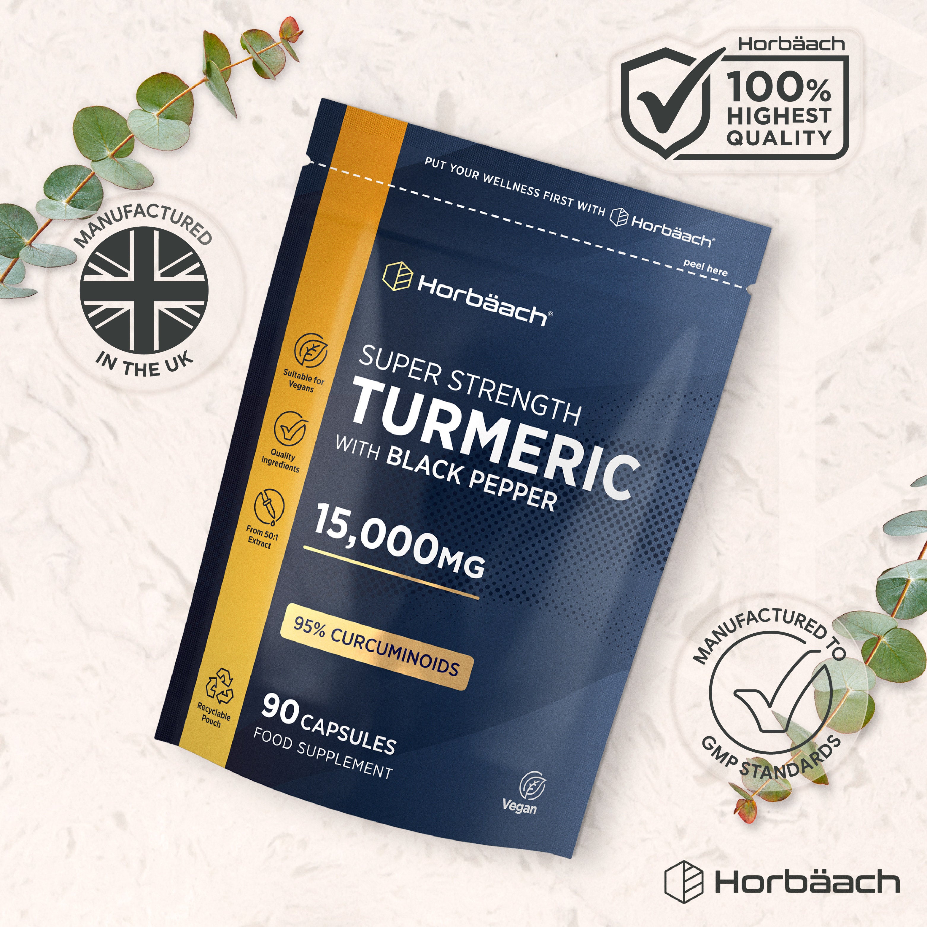 Horbäach Super Strength Turmeric with Black Pepper, 15,000mg, 90 vegan capsules for dietary supplement needs.
