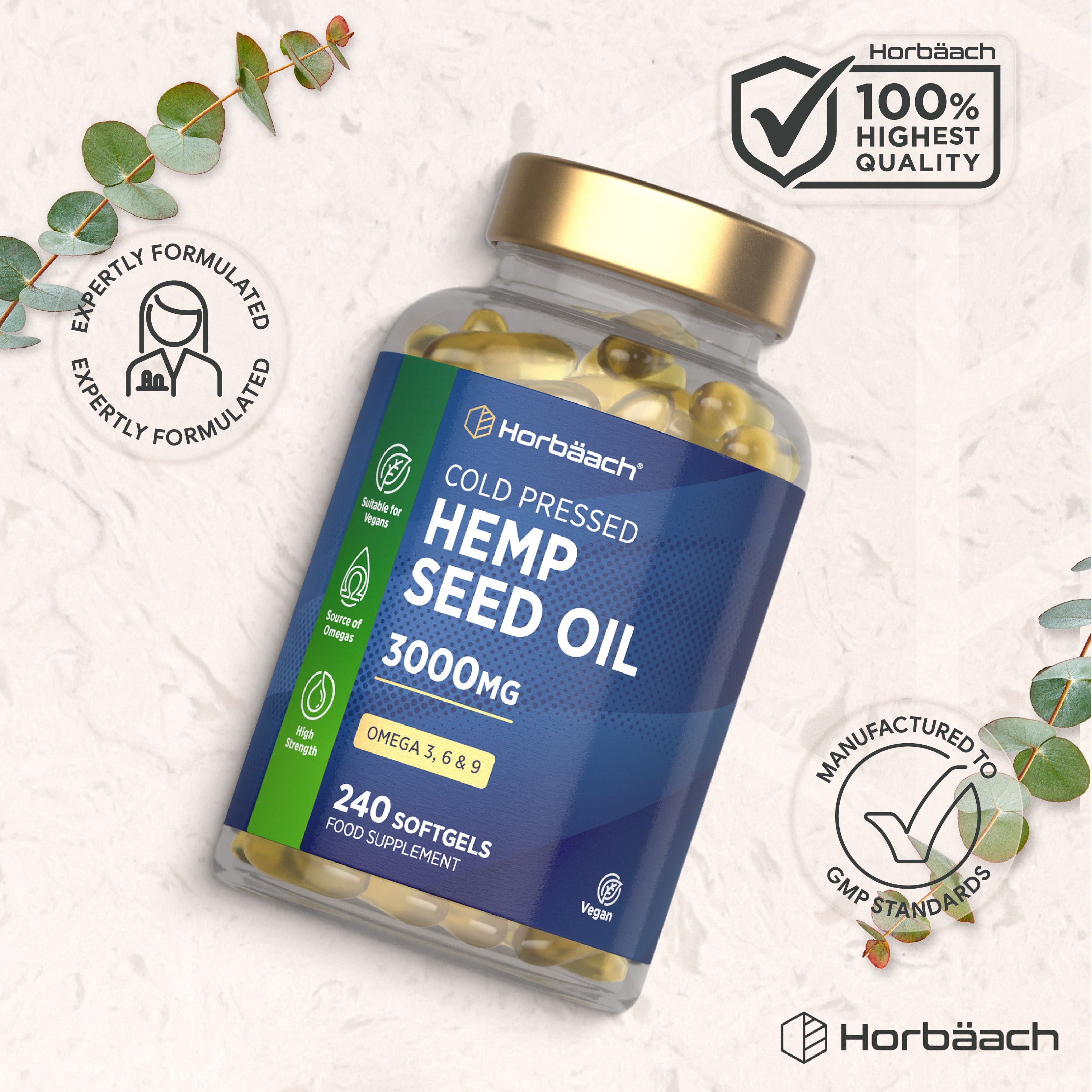 Horbäach Cold Pressed Hemp Seed Oil 3000mg, Omega 3, 6 & 9, 240 softgels food supplement.